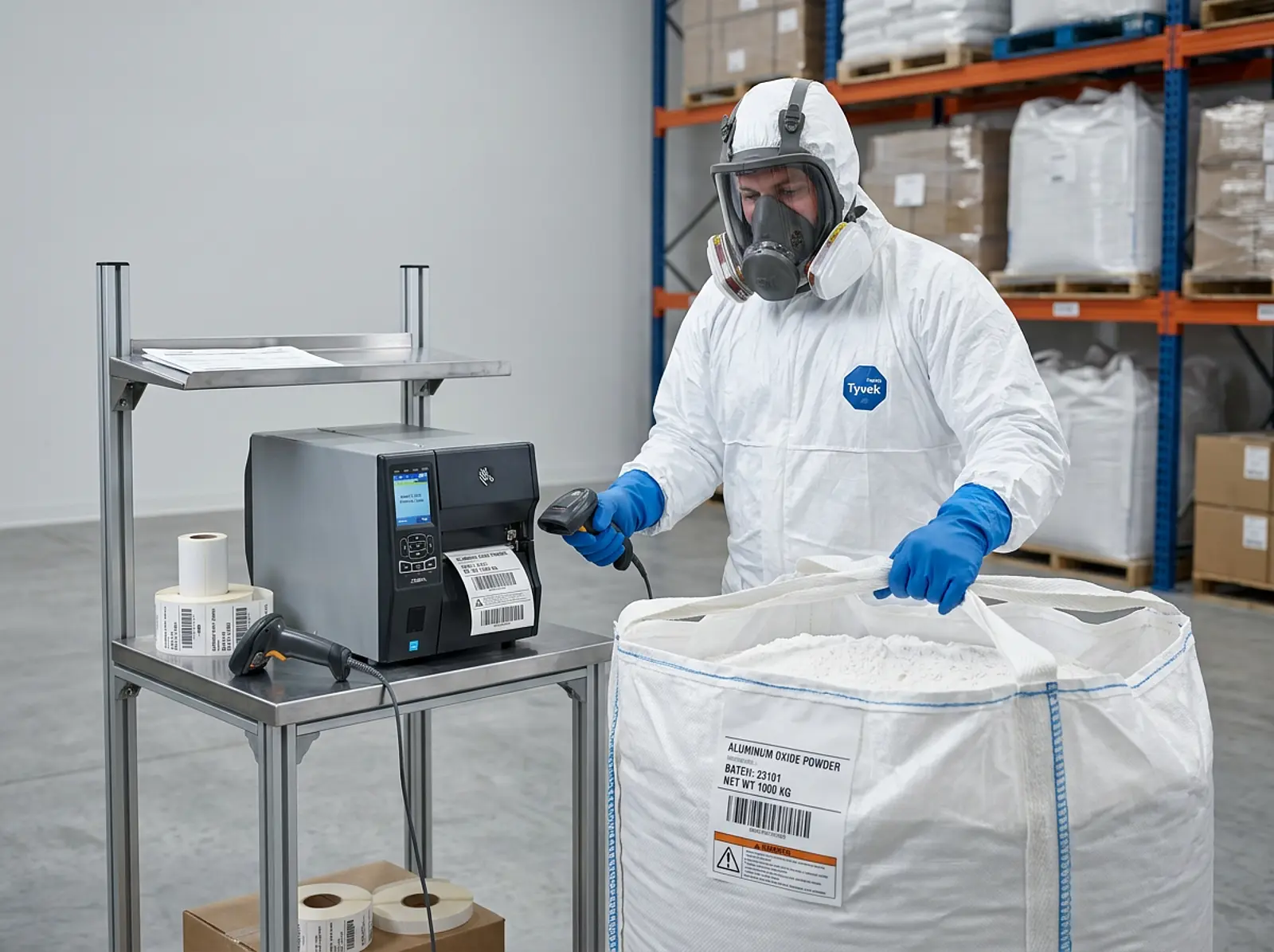 Worker in protective suit handling white powder bulk bags at a labeling station