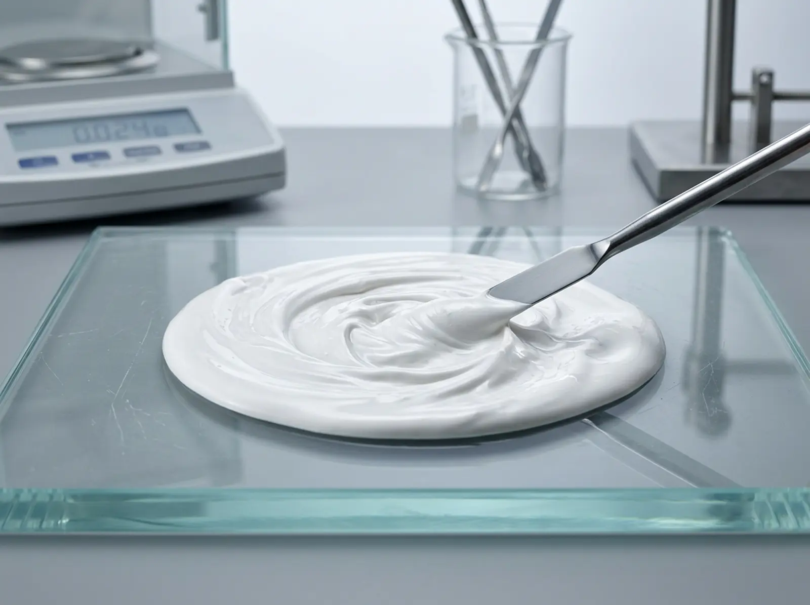 Close-up of white opaque foundation swirled with a spatula on a glass slab
