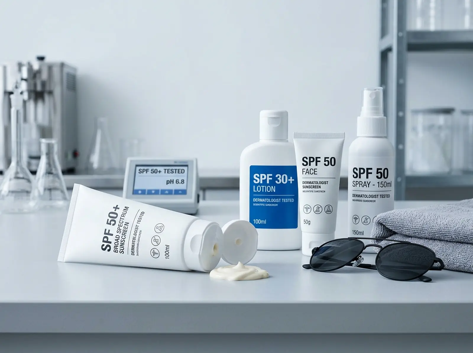 Studio shot: sun care products on a table, an open cream container next to sunglasses and a beach towel