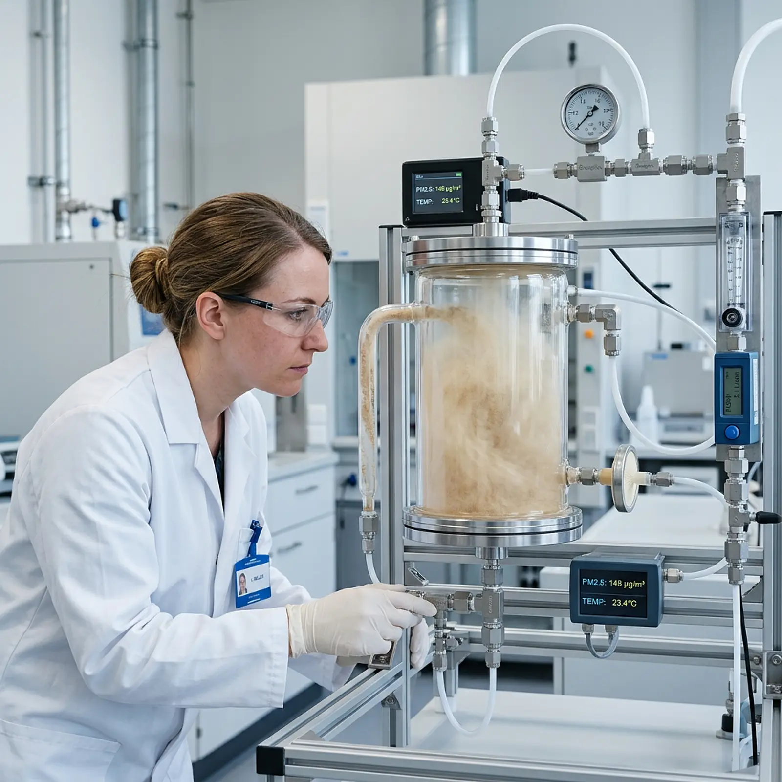 Technician viewing airborne powder in a sealed glass exposure chamber