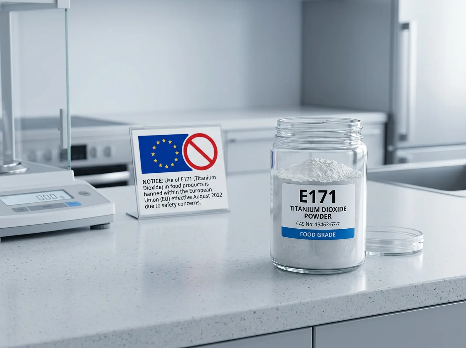 Macro studio shot of a titanium dioxide (E171) powder container on a kitchen counter, EU ban sign
