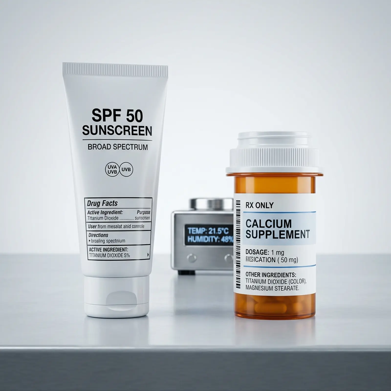 Photorealistic studio shot of sunscreen and pill bottle on a clean neutral background, macro detail.
