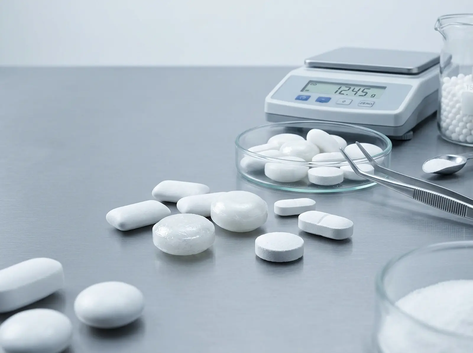 Macro shot of white-coated candies, chewing gum, and tablet-like supplements in a clean studio