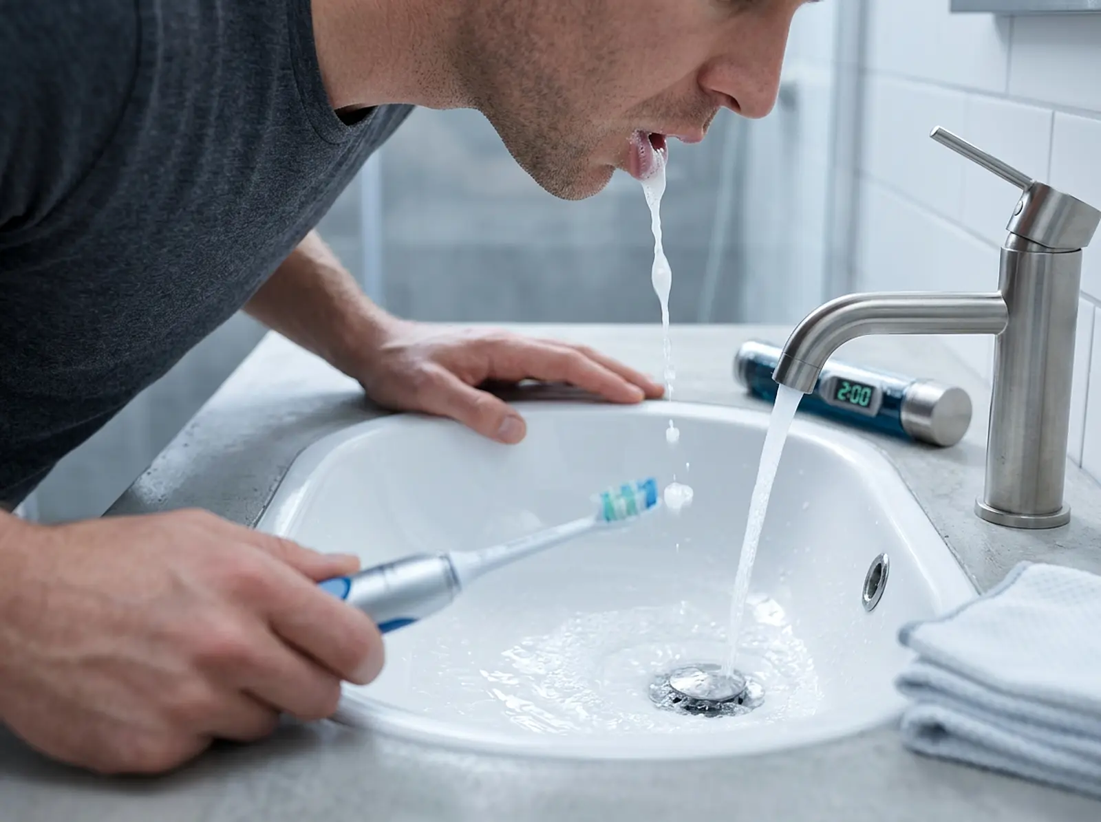 Brushing teeth at the sink, spitting into the basin, clinical studio shot.