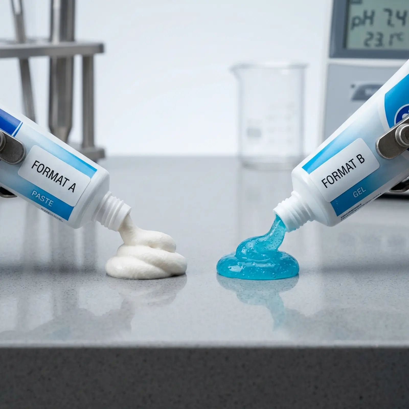 Studio shot: two toothpastes (cream white and blue gel) on a bathroom surface, close-up.