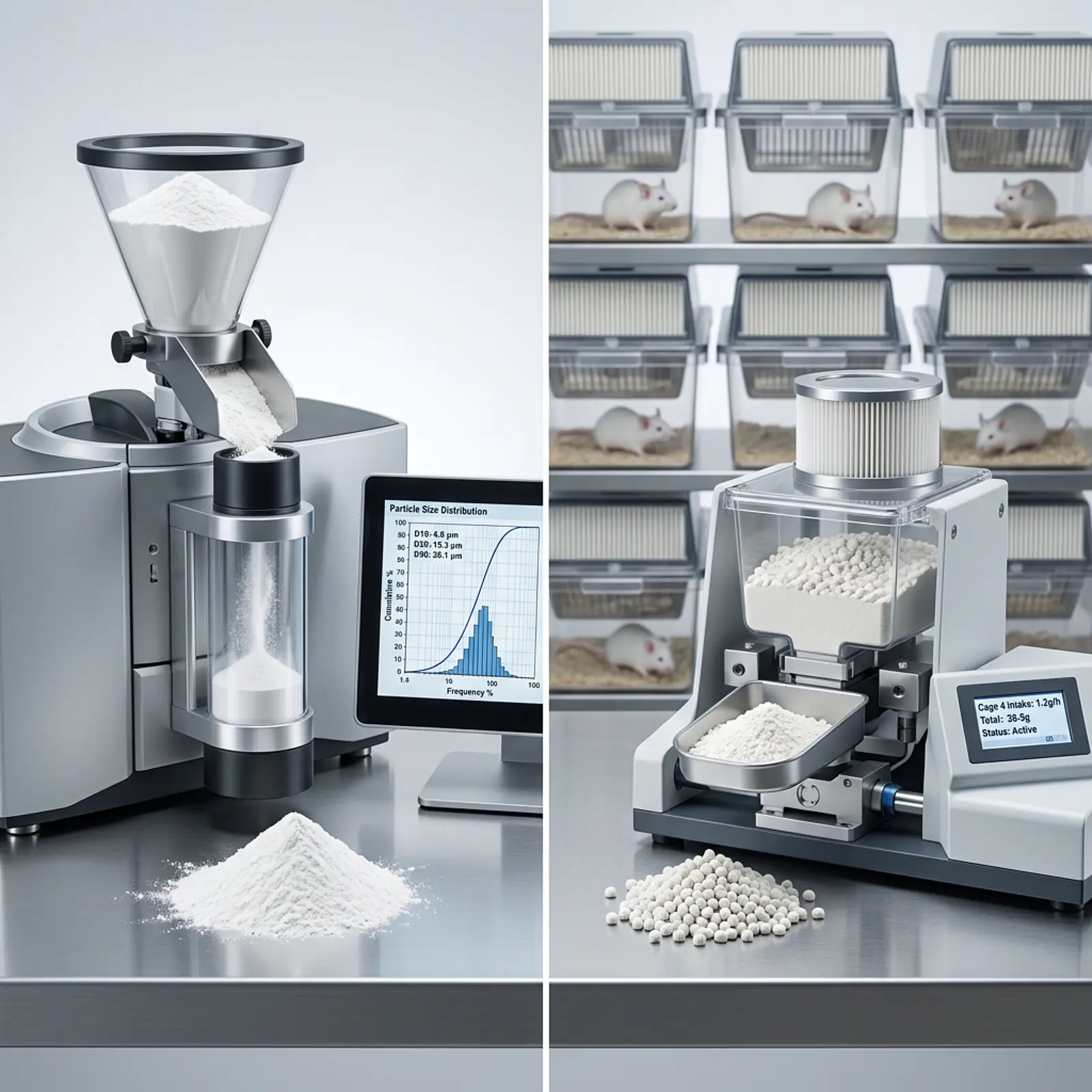 Split lab bench with white powder samples, particle sizer, and rodent study apparatus
