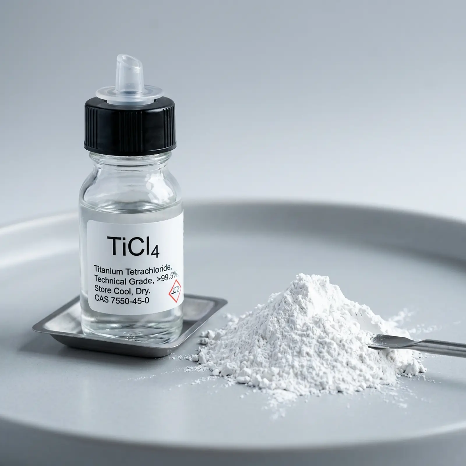 TiCl4 container beside TiO2 pigment powder in macro on a neutral gray studio background.
