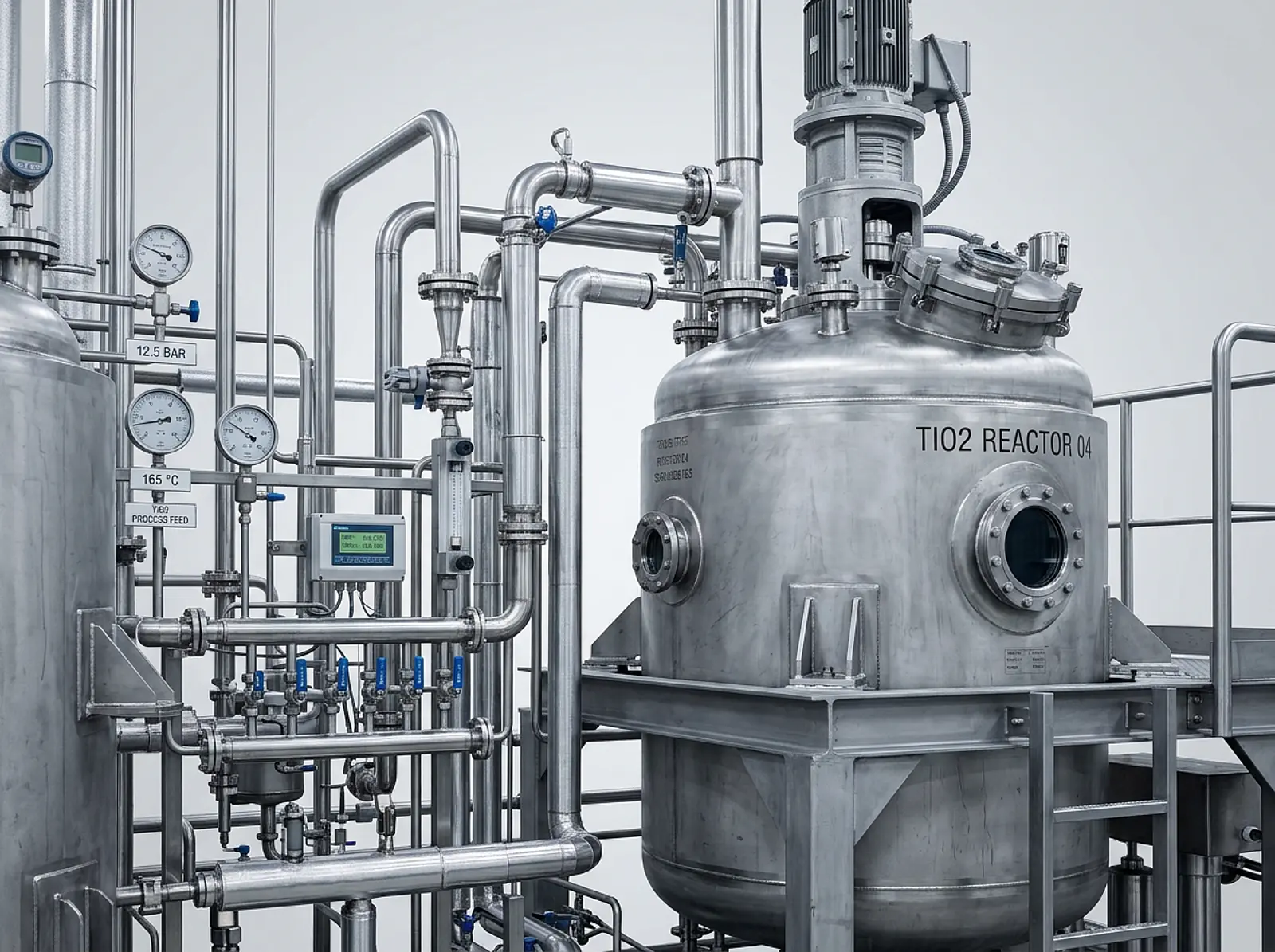 Photorealistic studio shot of titanium dioxide plant with large reactors and stainless piping.