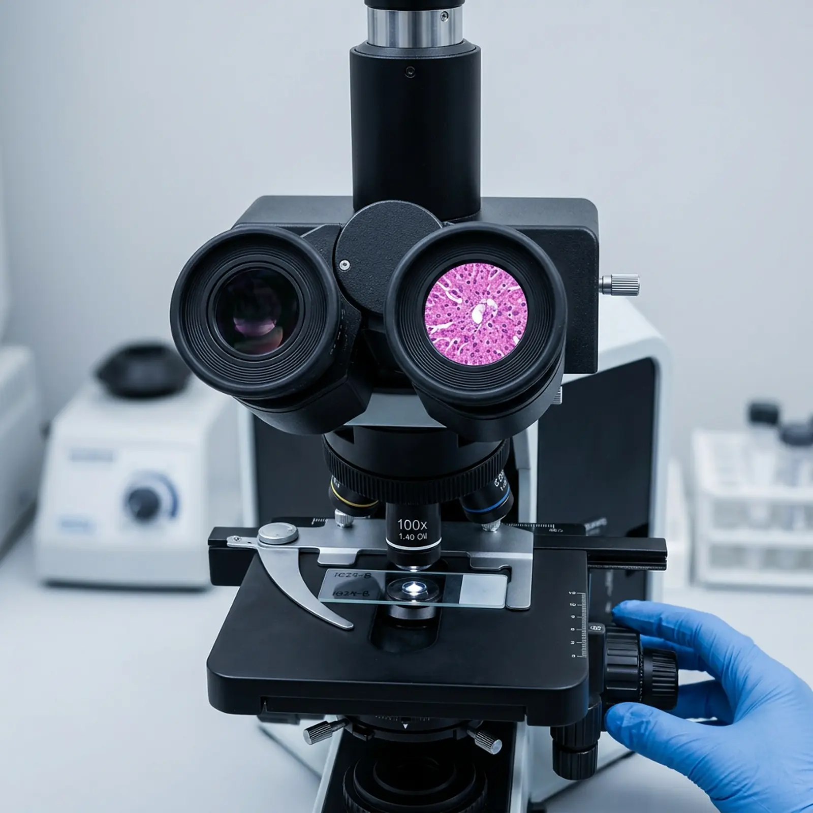 Microscope eyepiece view with tissue slide and focus knob adjustment in clean studio lighting