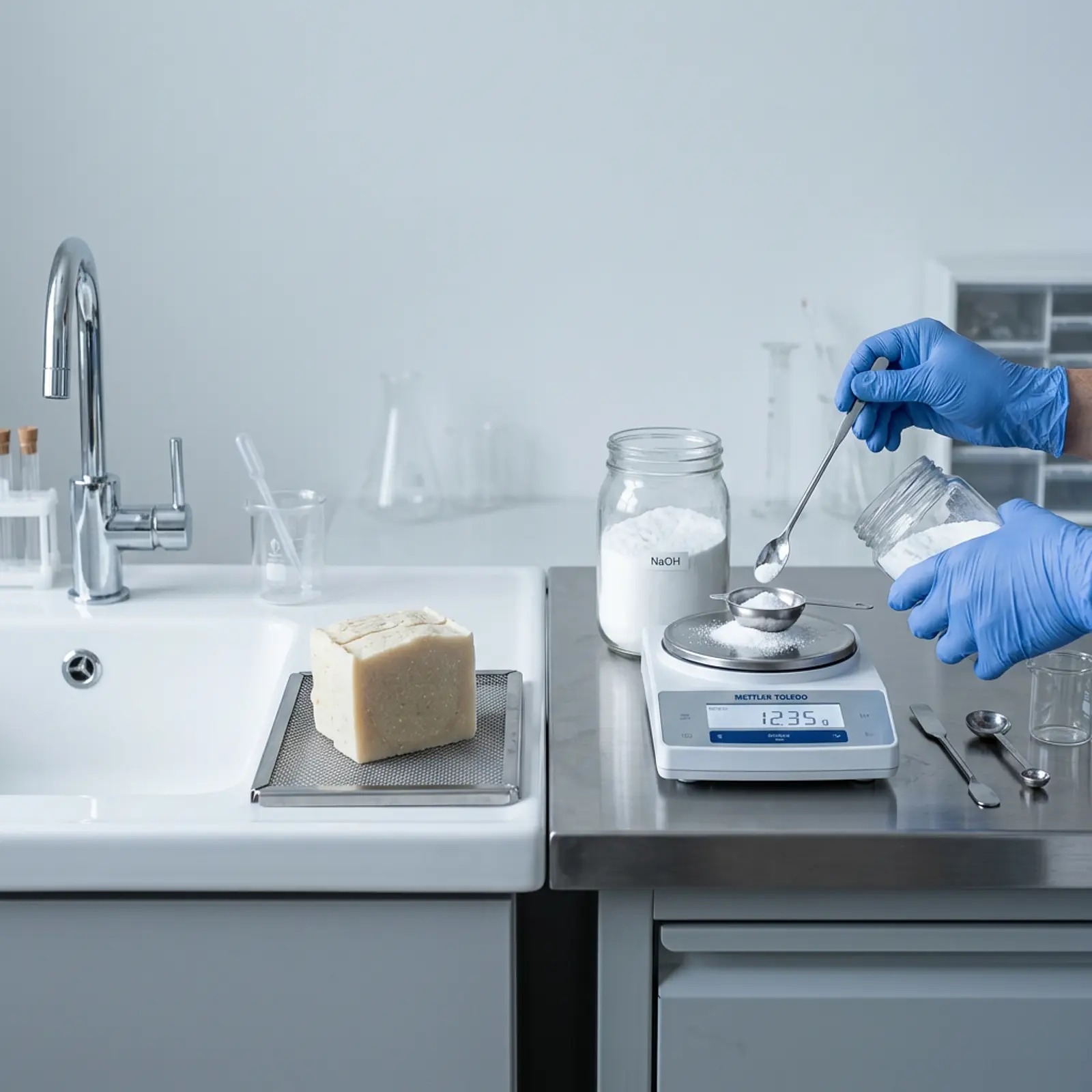 Split workspace: soap next to a sink; soap maker measuring white powder; macro shot, cool tones.