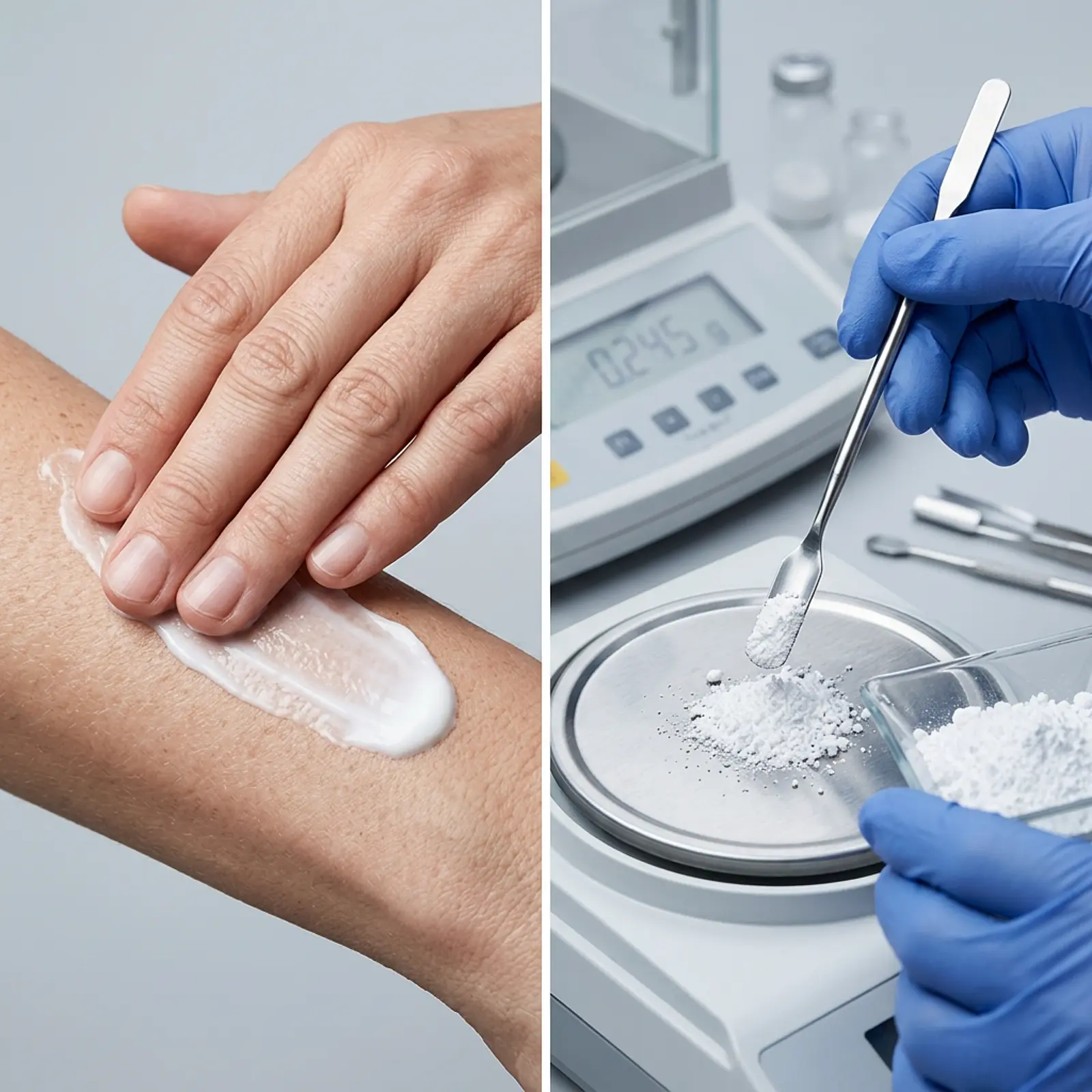 Macro studio shot: lab technician handling fine white powder and person applying lotion.