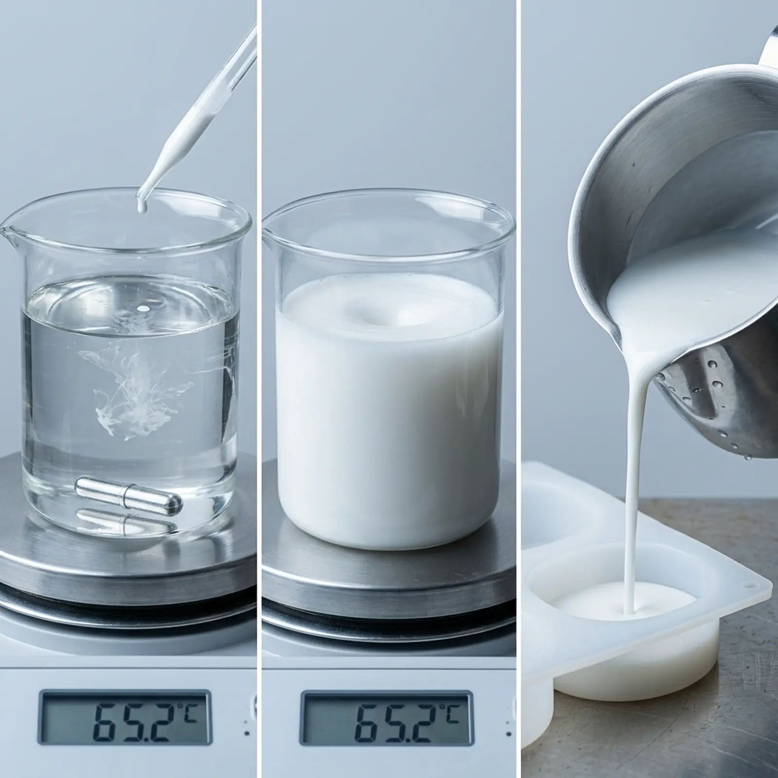 Macro shot: melted soap base in a pouring container, titanium dioxide-glycerin slurry, studio.