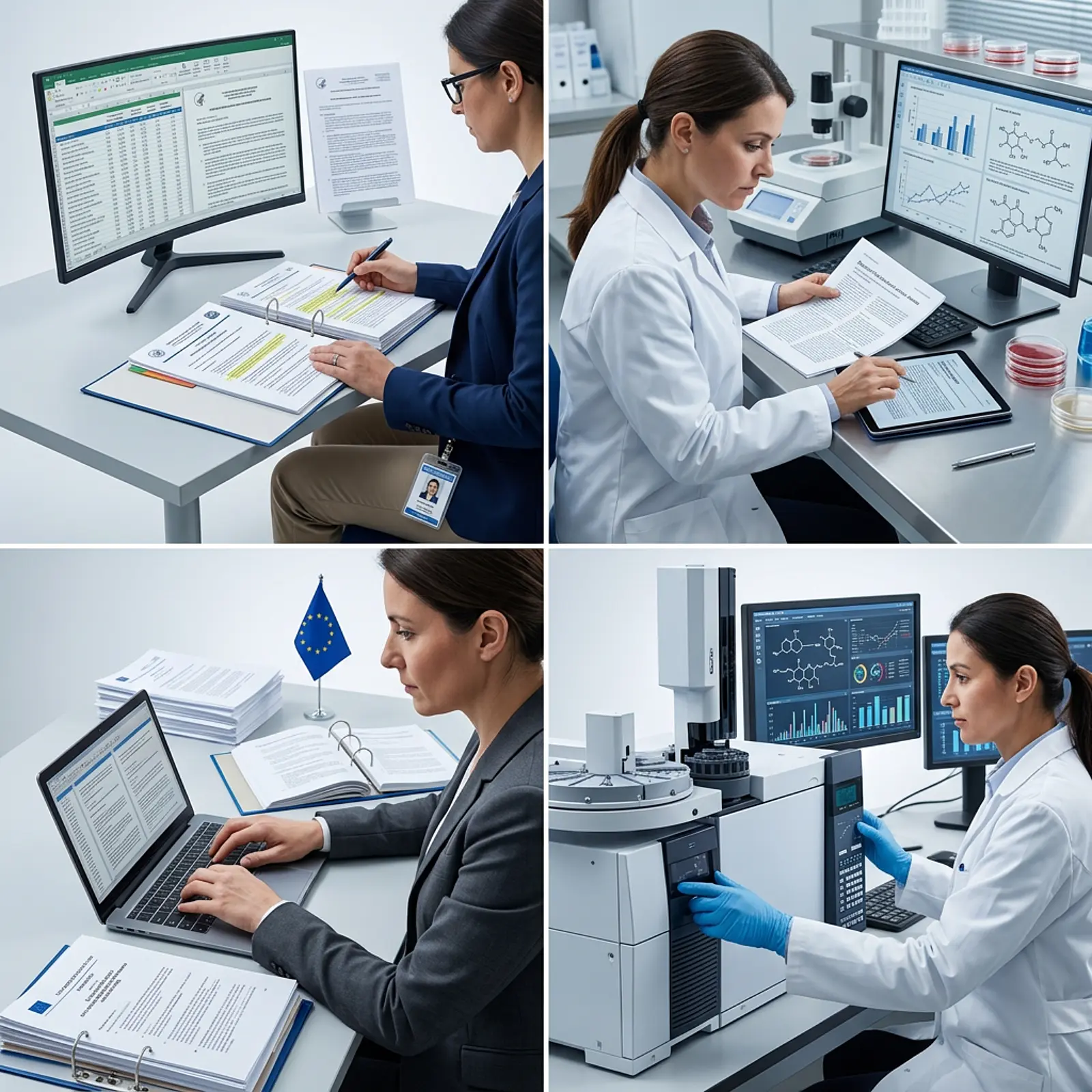 Four professionals in a sterile lab reviewing regulations, studies and exposure data.