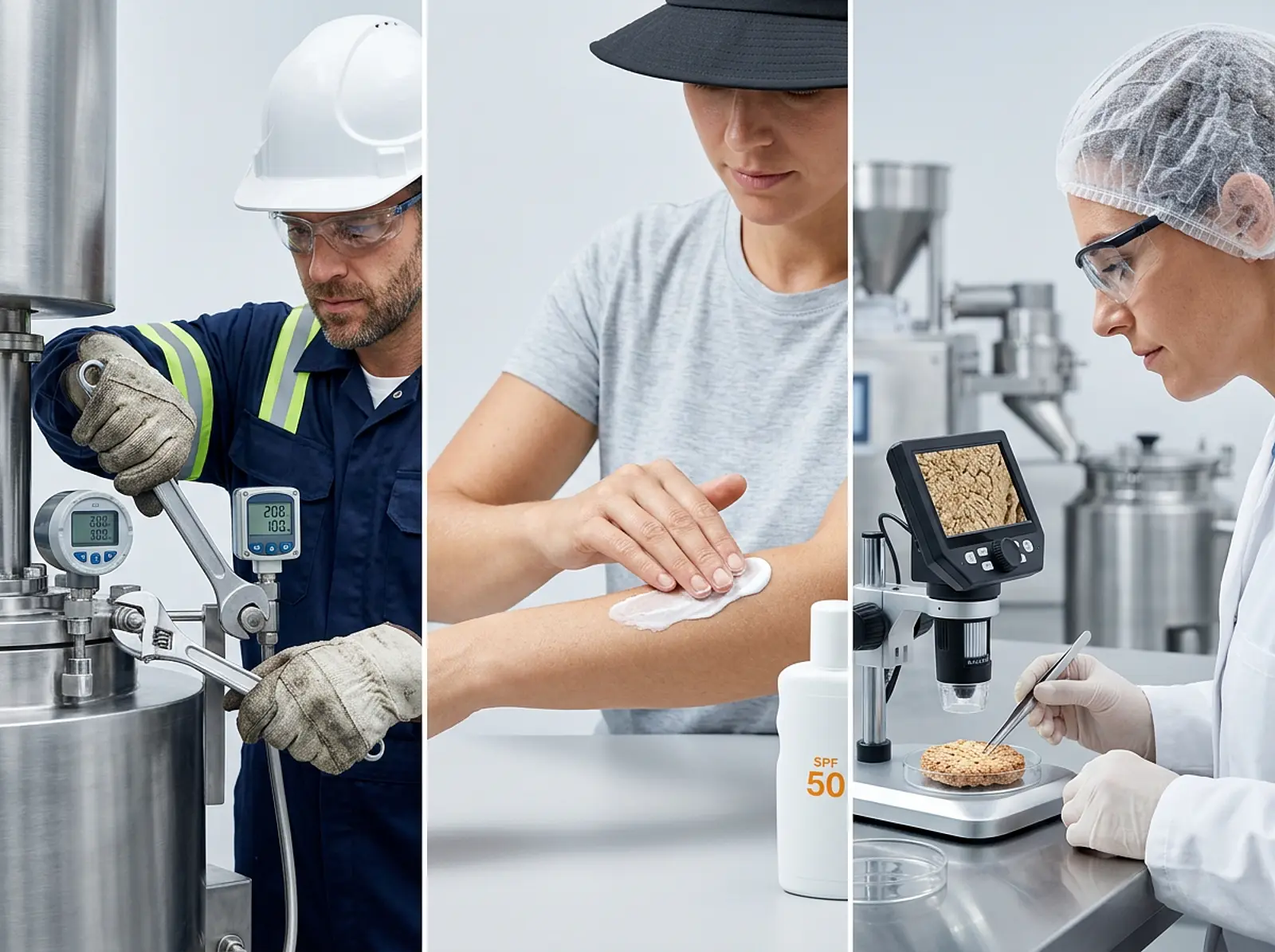 Three-person scientific-industrial studio scene: worker, sunscreen beach, and lab technologist examining product