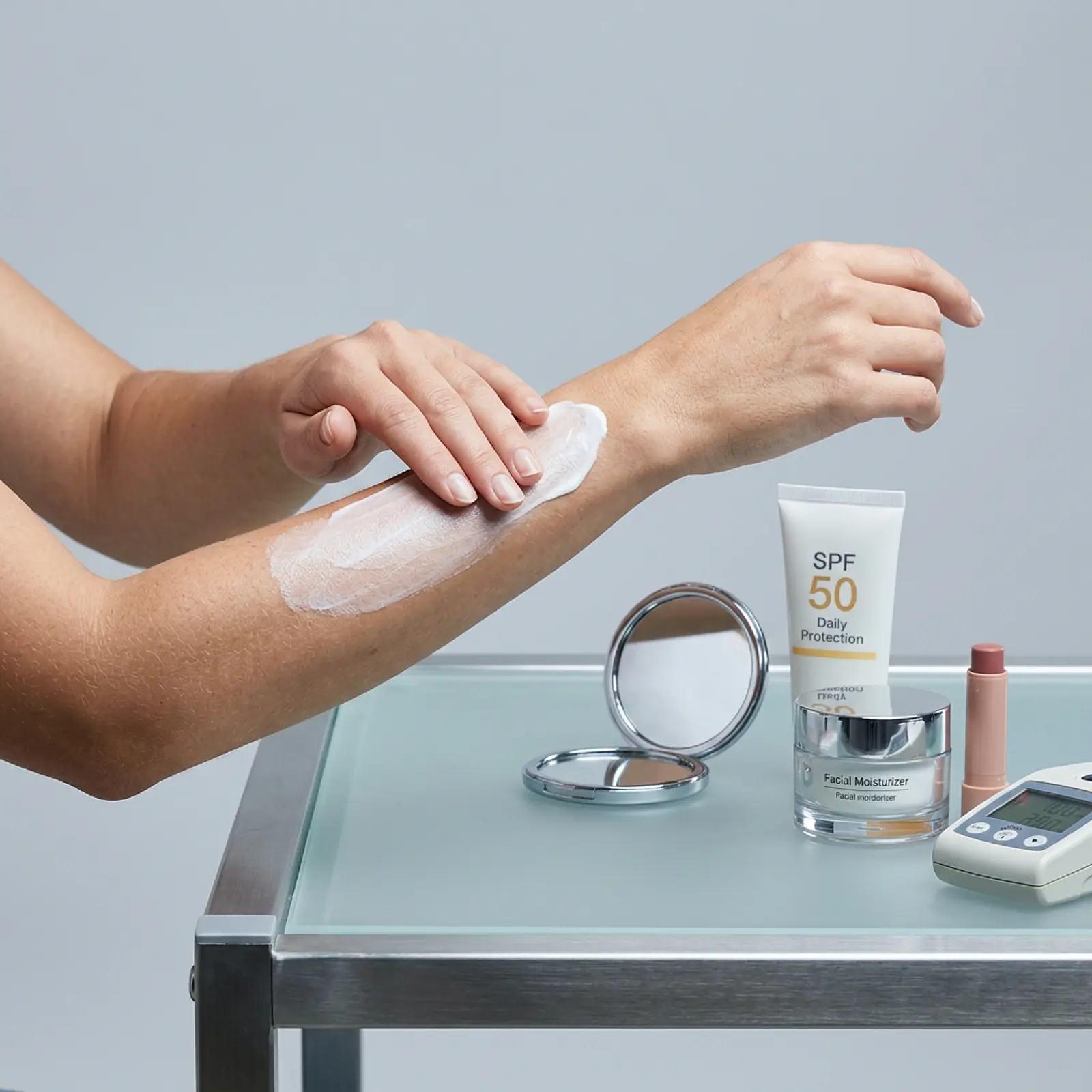 Macro shot: sunscreen application on the arm; cosmetics and mirror on the vanity table.