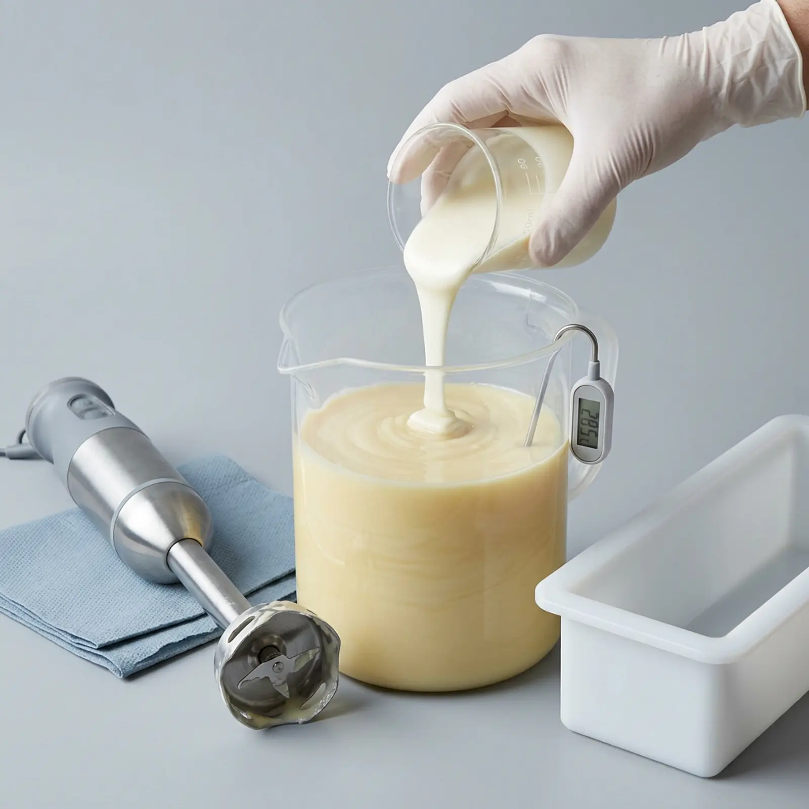 Close-up of soap making: immersion blender, white oil slurry, mold ready