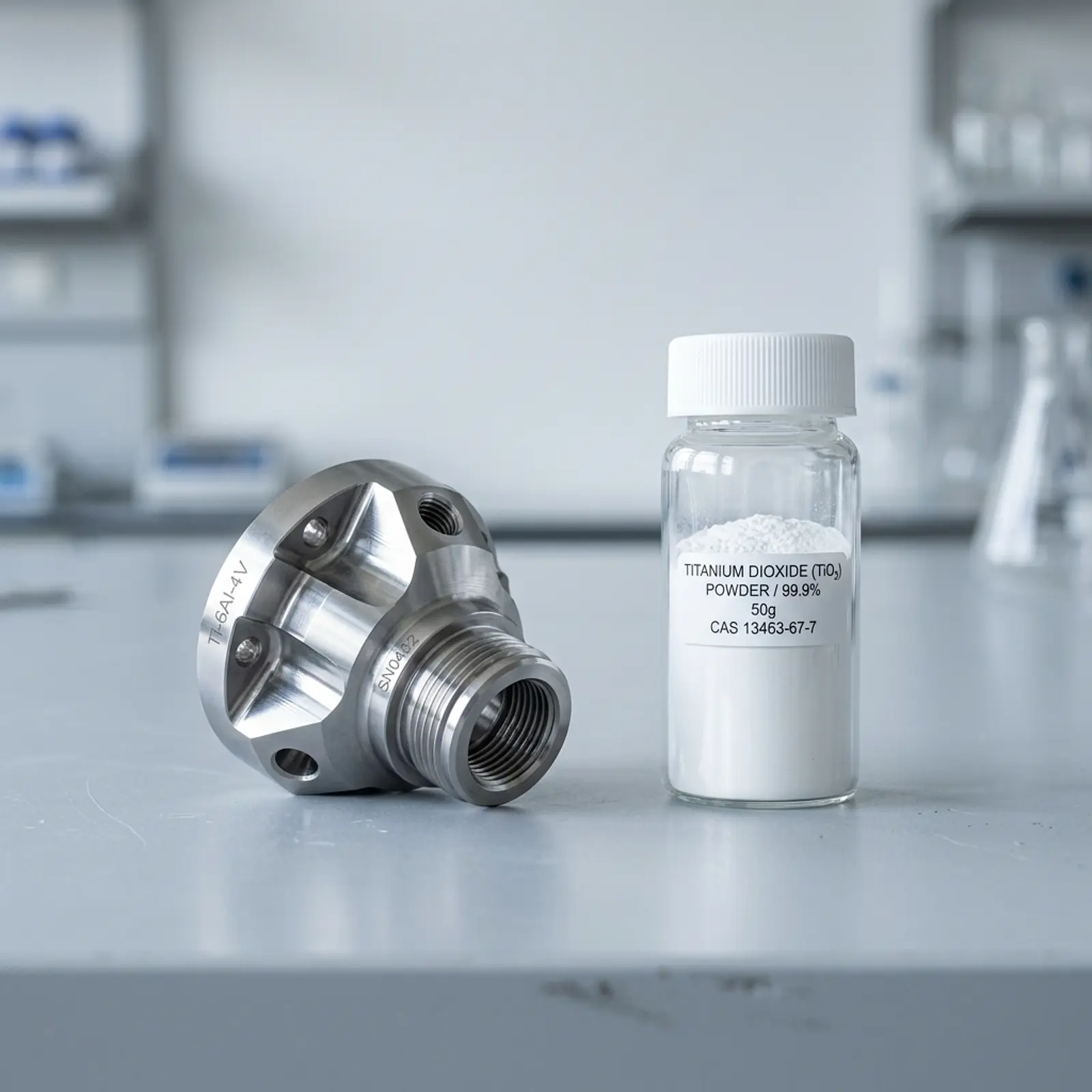 Glossy titanium component next to a glass vial of titanium dioxide powder against a bright background.