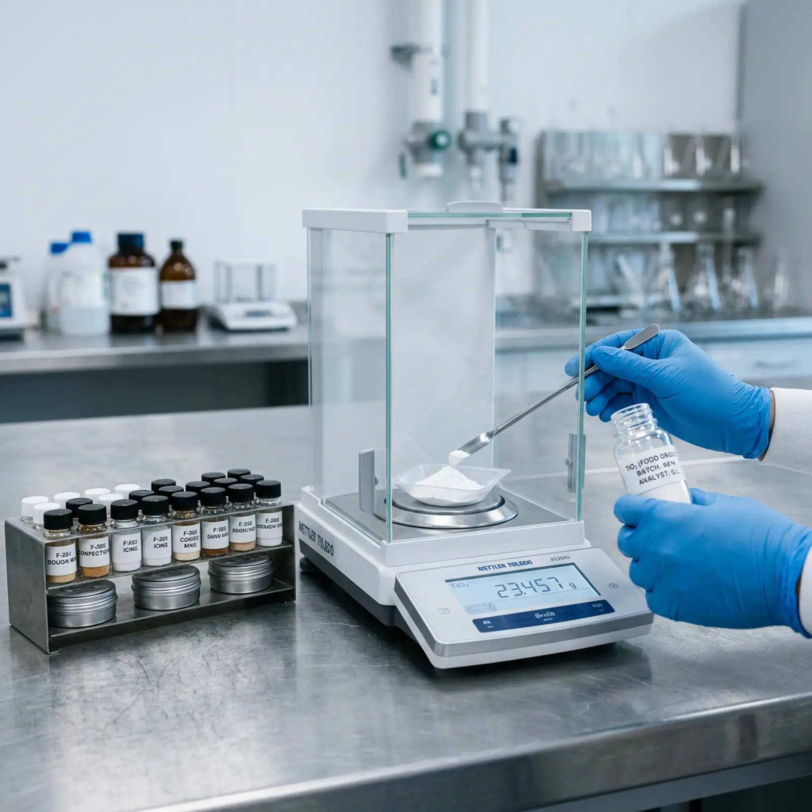 Lab analyst weighing titanium dioxide powder beside food product samples.