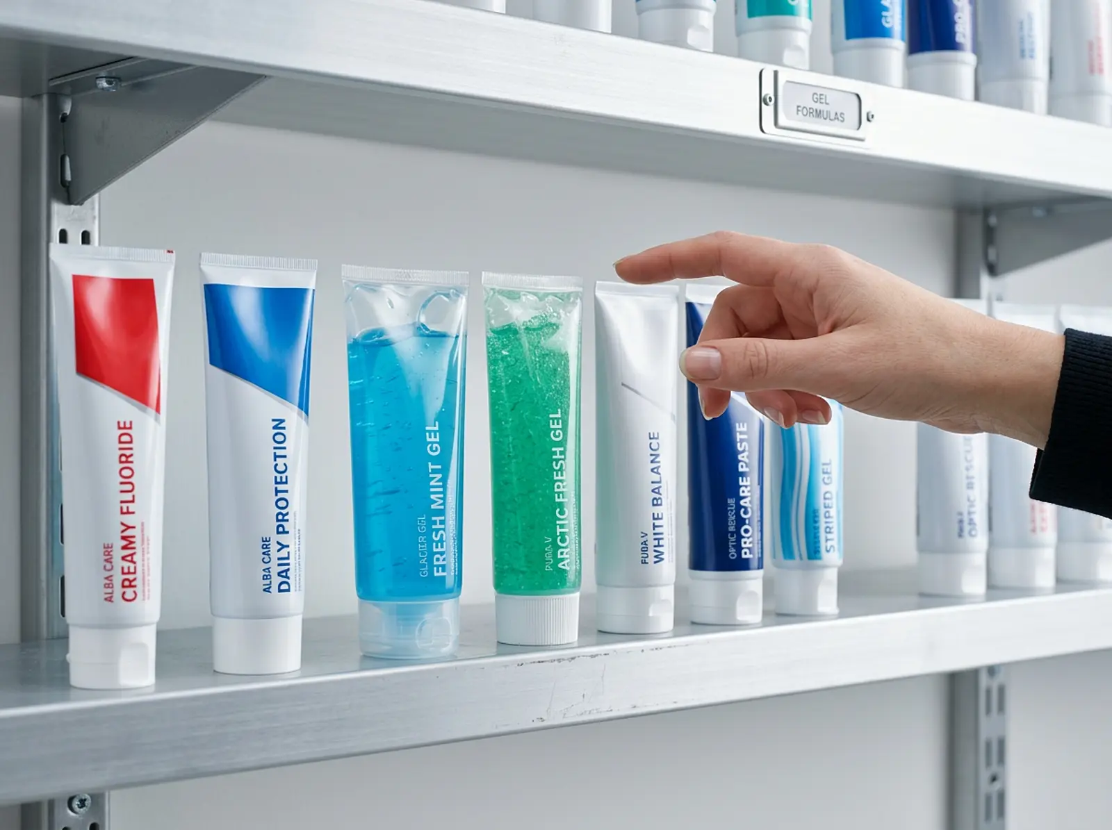 Toothpaste selection: gel options visible, a buyer reaching for the gel variants first.