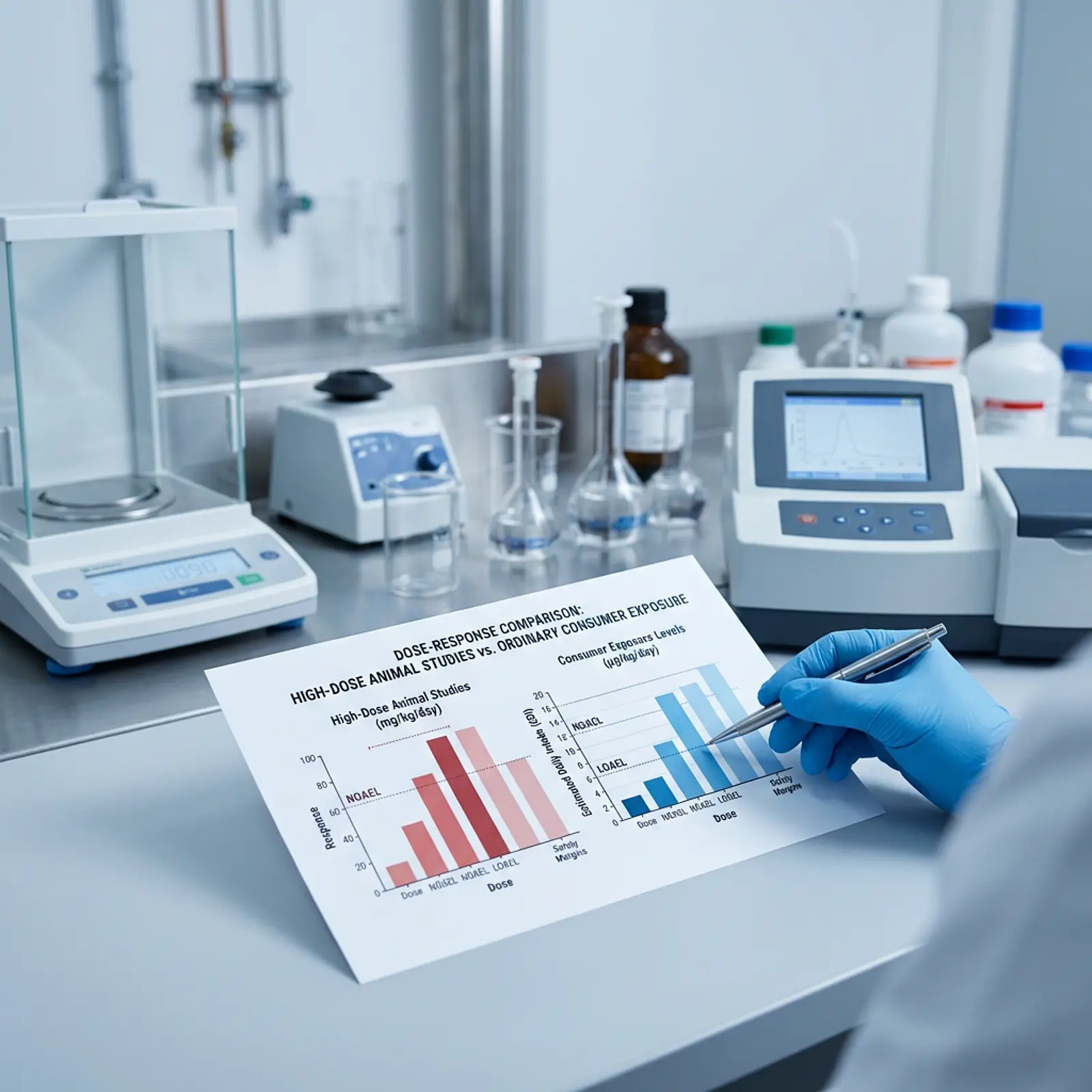 Macro studio shot of chart and instruments comparing high-dose animal studies to consumer exposure