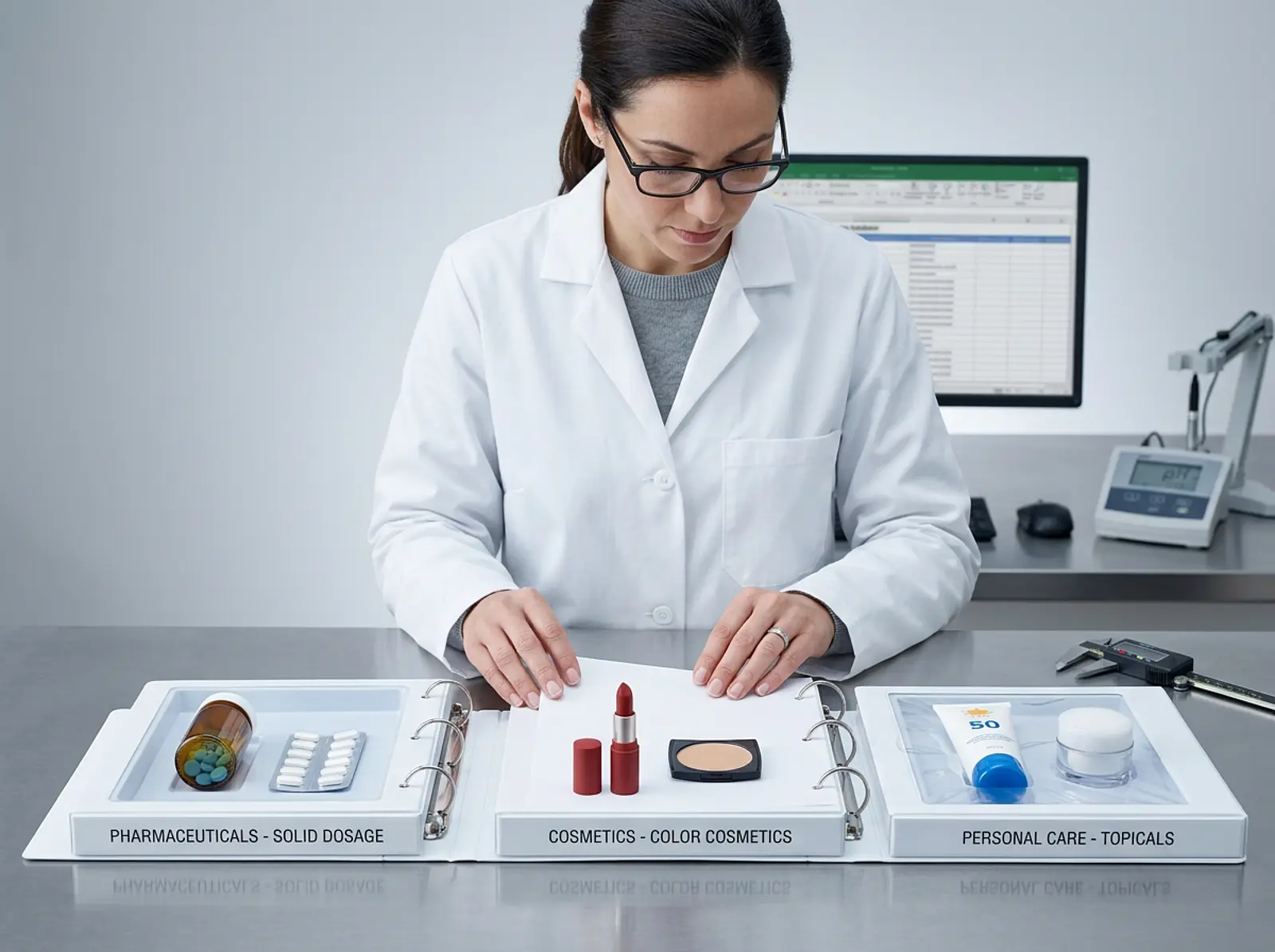 Regulatory professional reviewing binders with tablet, lipstick, and sunscreen samples