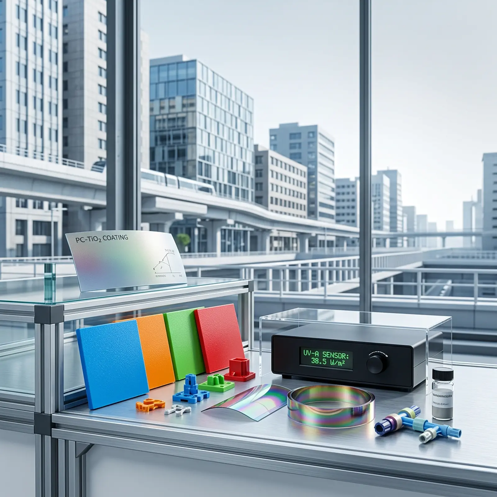 Photorealistic cityscape with coated buildings and colorful plastics in foreground