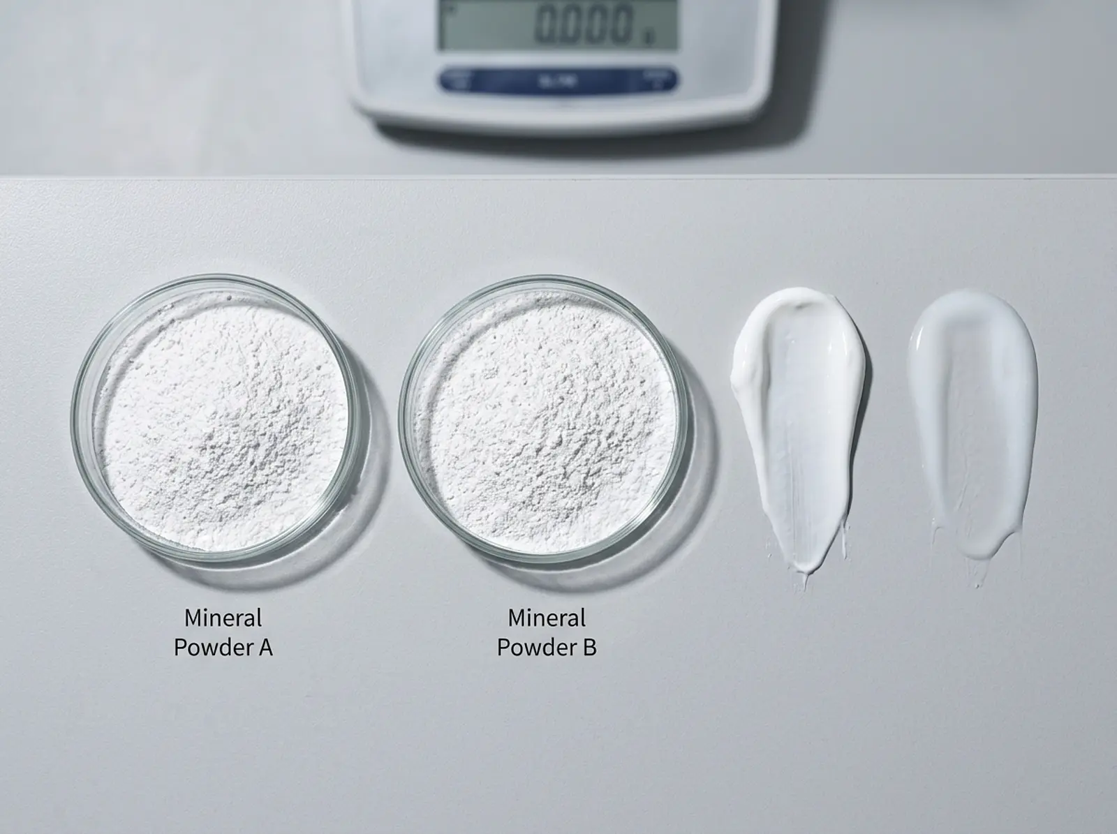 Flat lay: two white mineral powder samples in glass dishes next to sunscreen swatches