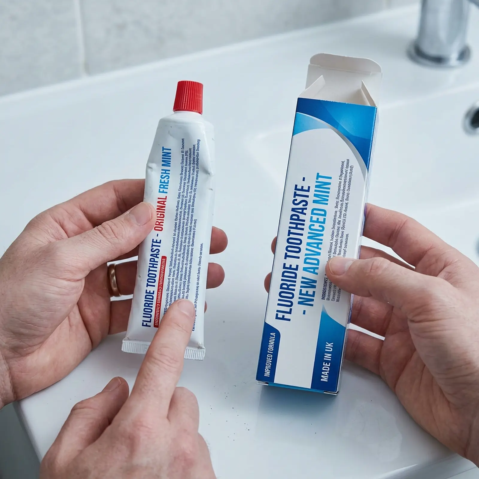 Two toothpaste packages side by side, comparing an old tube and a new box, neutral background.