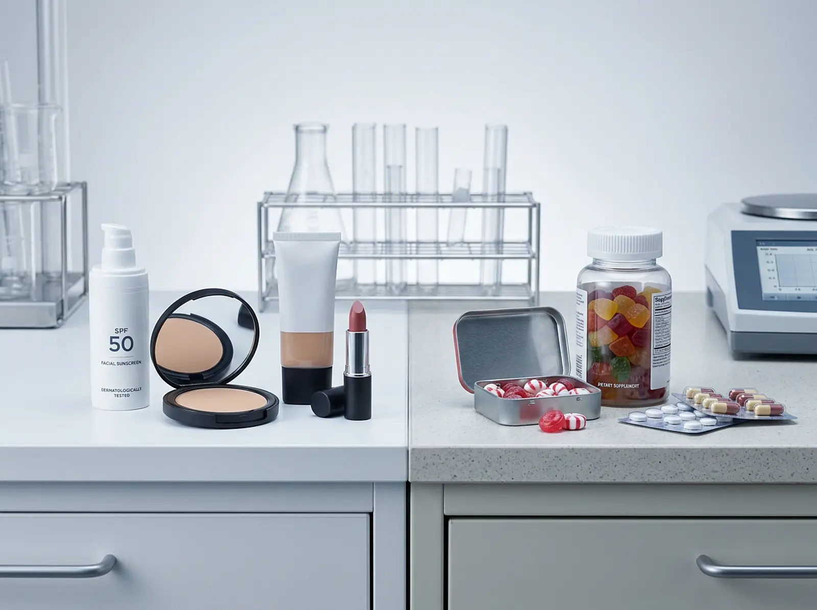 Macro shot: cosmetics versus candies/dietary supplements on bathroom and kitchen surfaces.