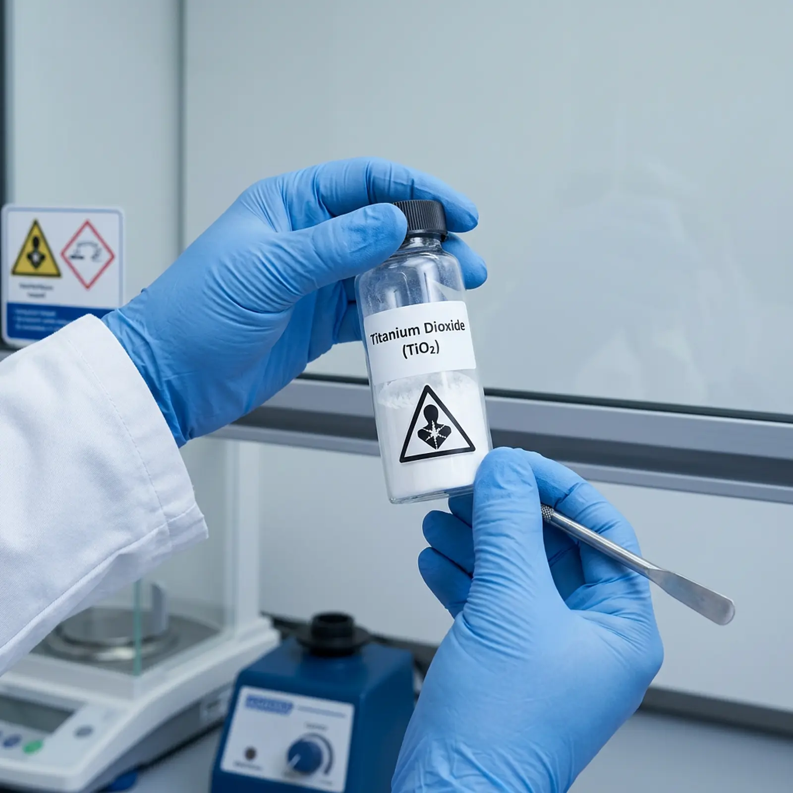 Scientist in protective gear examines vial of titanium dioxide powder with inhalation hazard symbol.