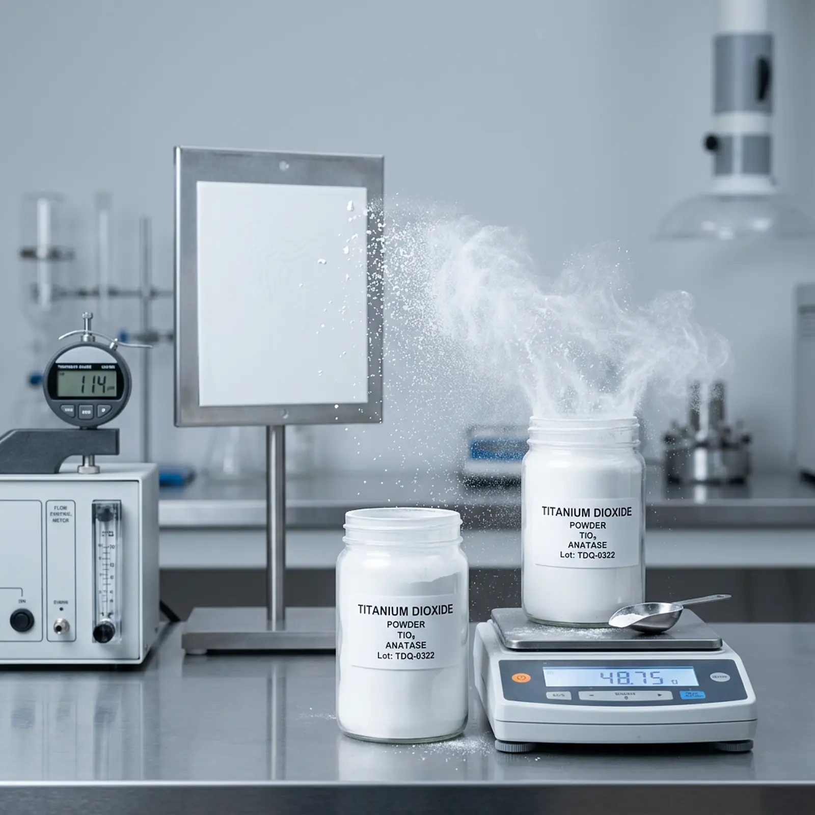 Macro shot of white titanium dioxide powder dispersing from an open container in a clean studio