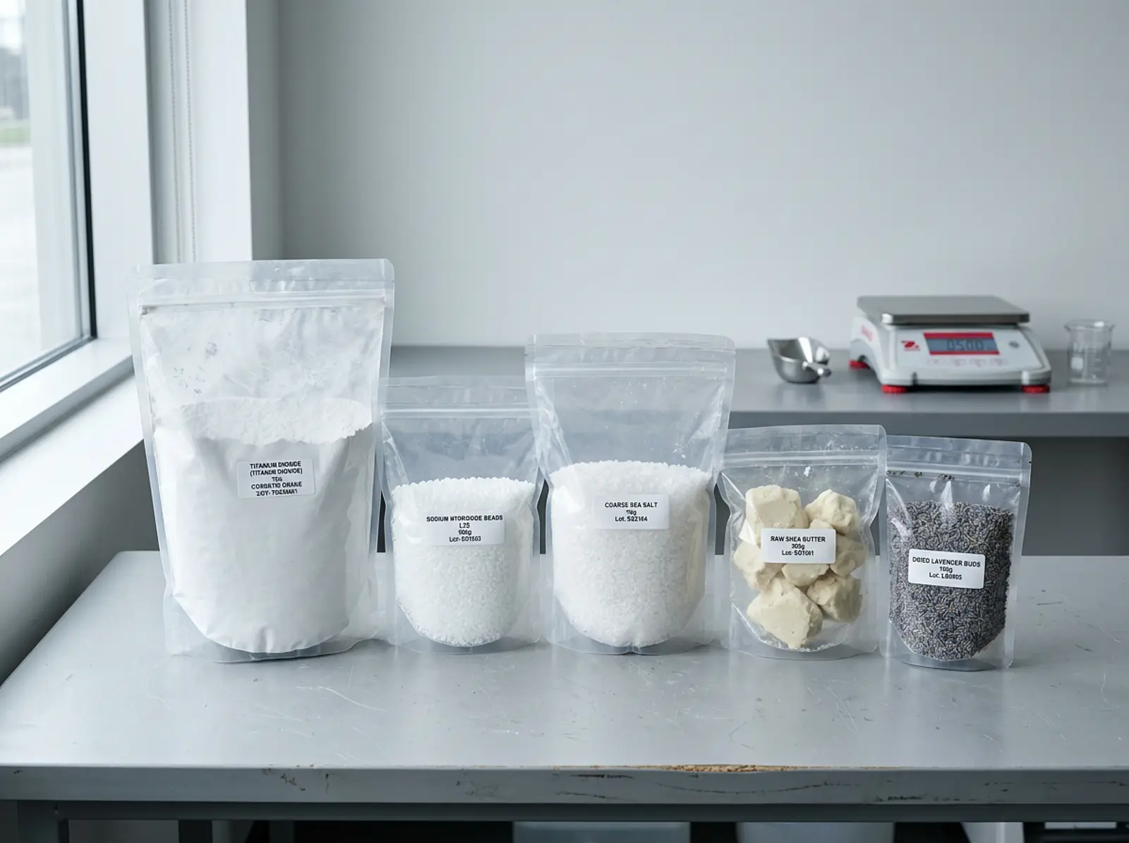 Unlabeled cosmetic raw material packages on a packing table; white pigment for skincare applications.