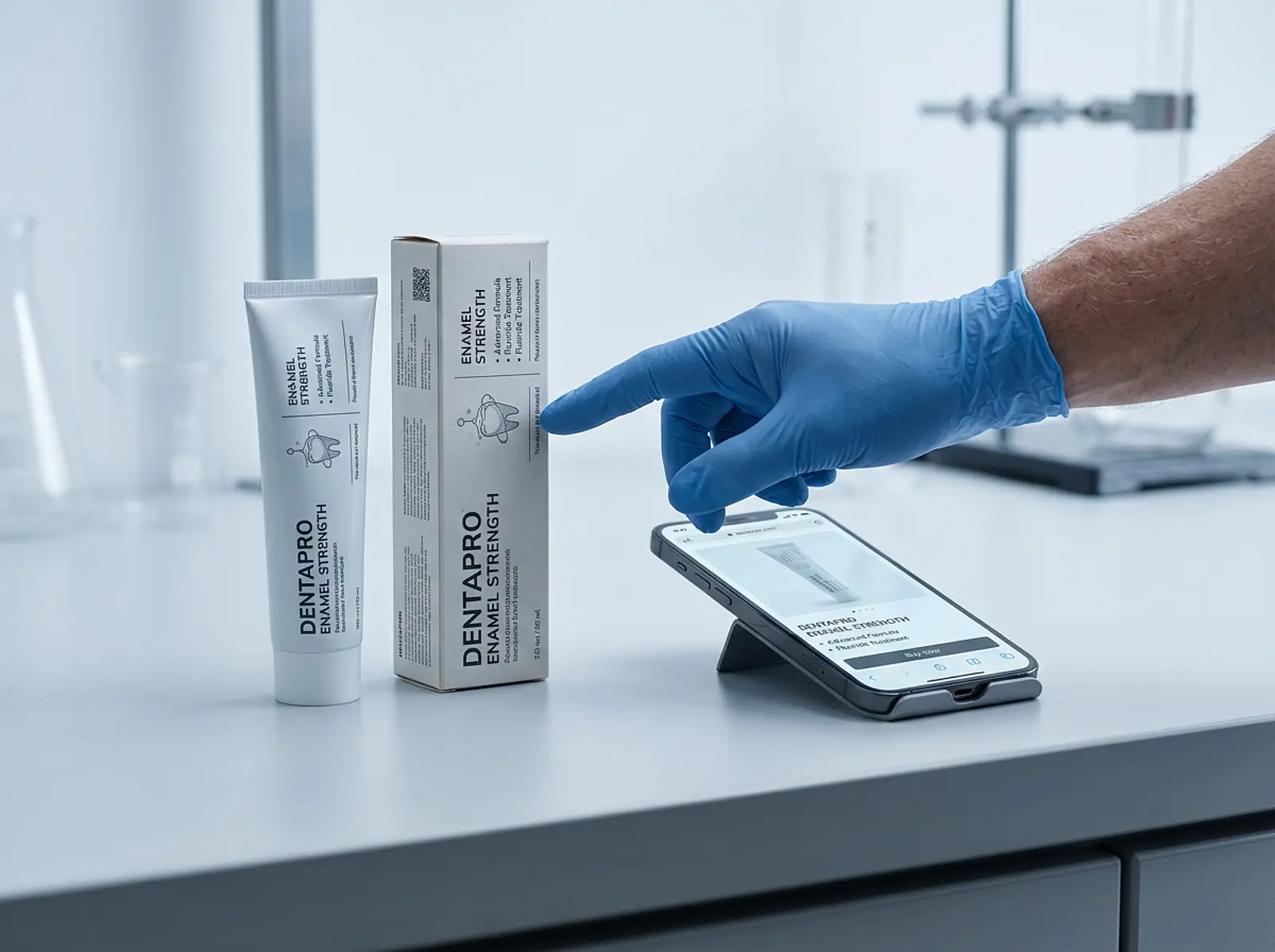 Macro shot: toothpaste tube, box, and a smartphone showing a product page; a hand comparing details.