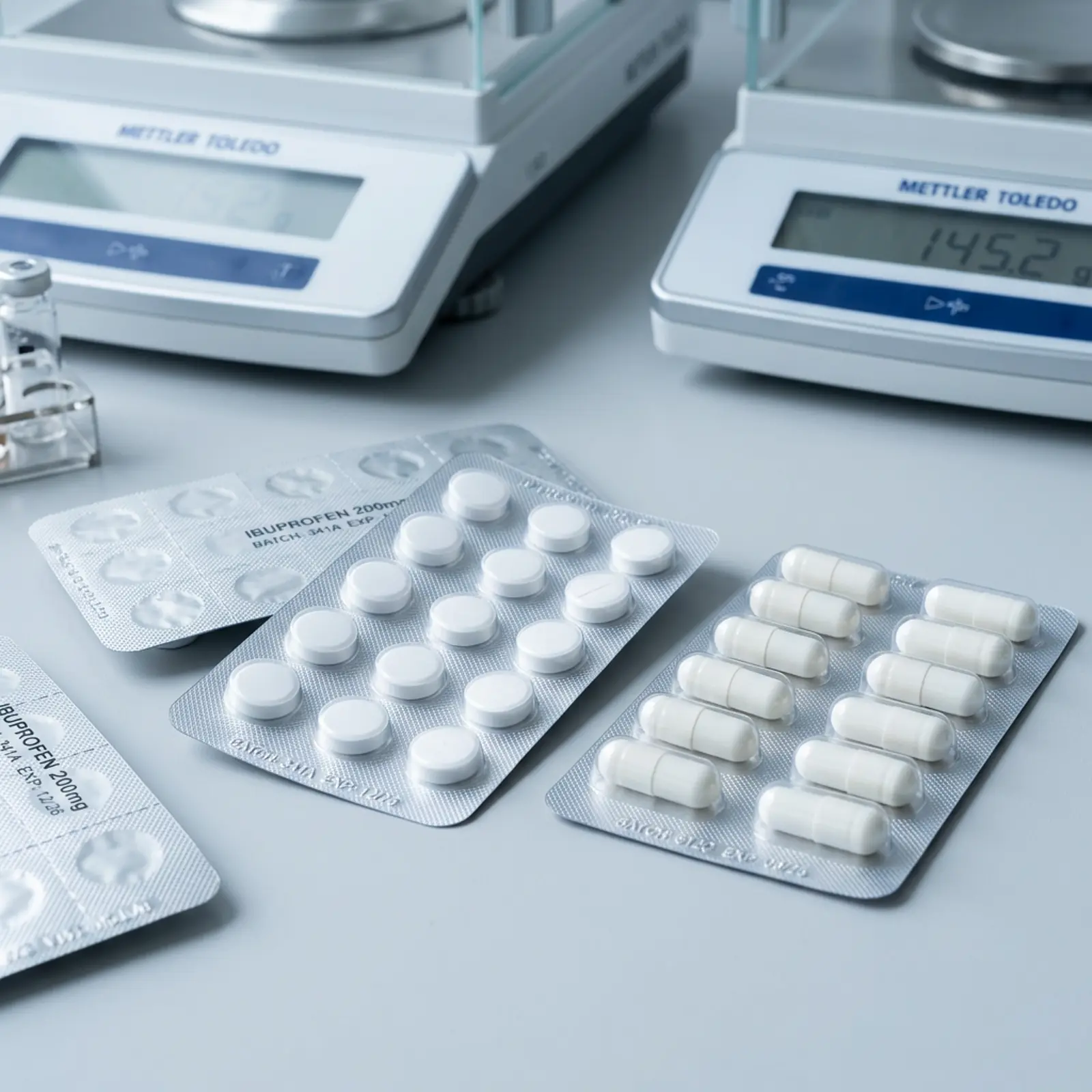 Opaque white tablets and capsules in blister packs on a clean studio backdrop.