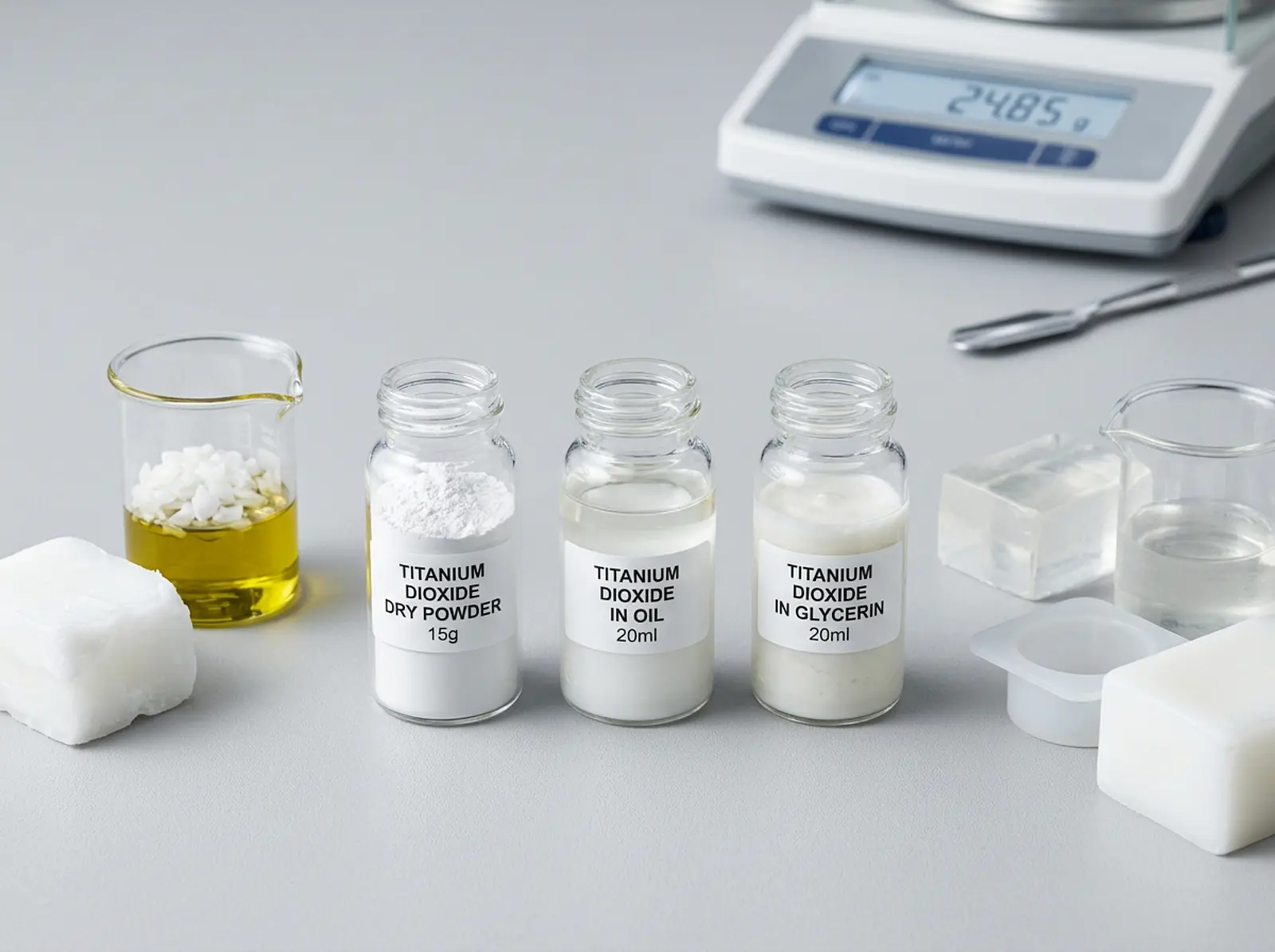 Titanium dioxide in three forms (dry powder, oil slurry, and glycerin slurry) next to soap-making raw materials.