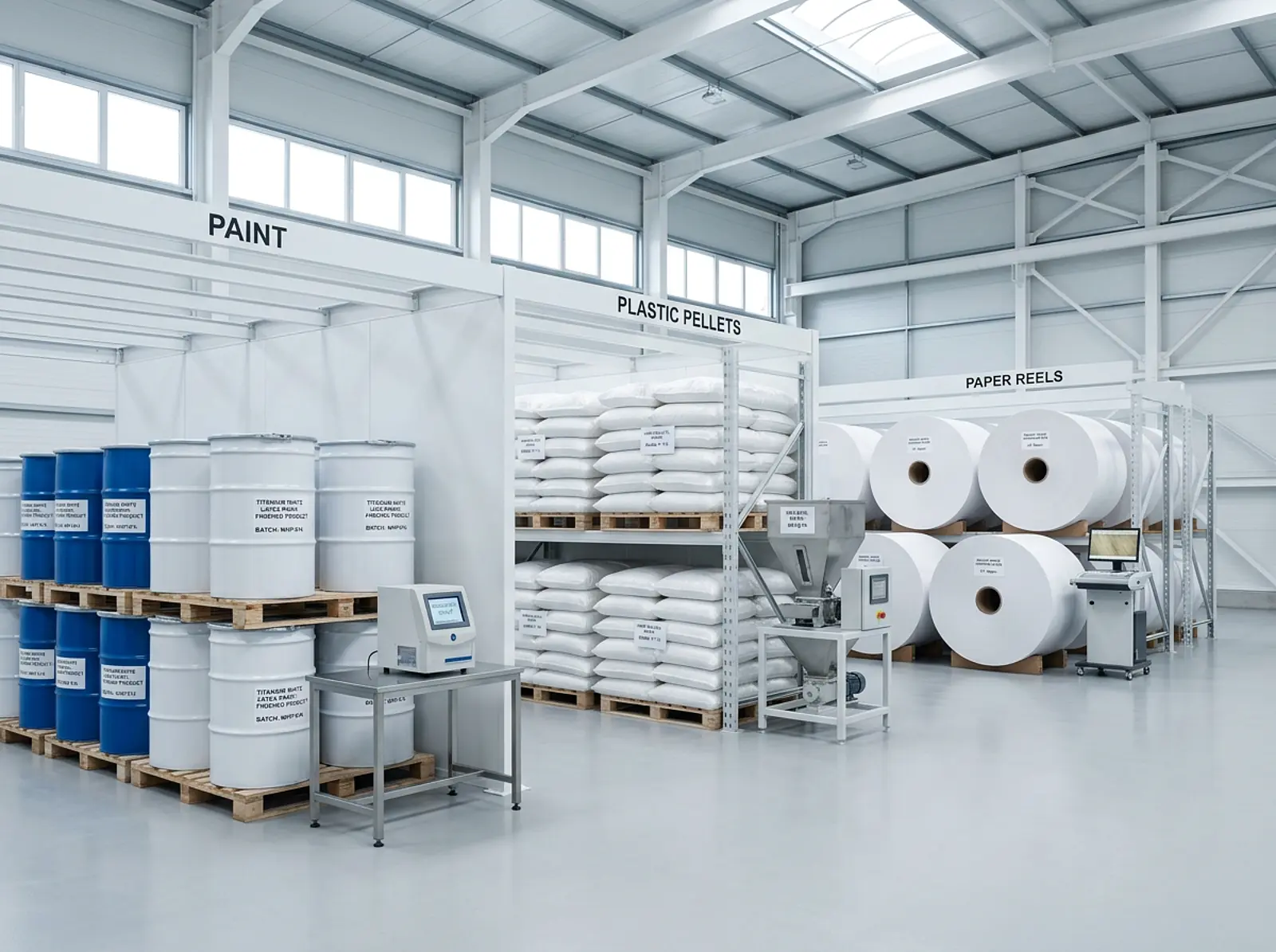 Clean photorealistic industrial warehouse with paint drums, pellet bags, and paper reels in white-product sections