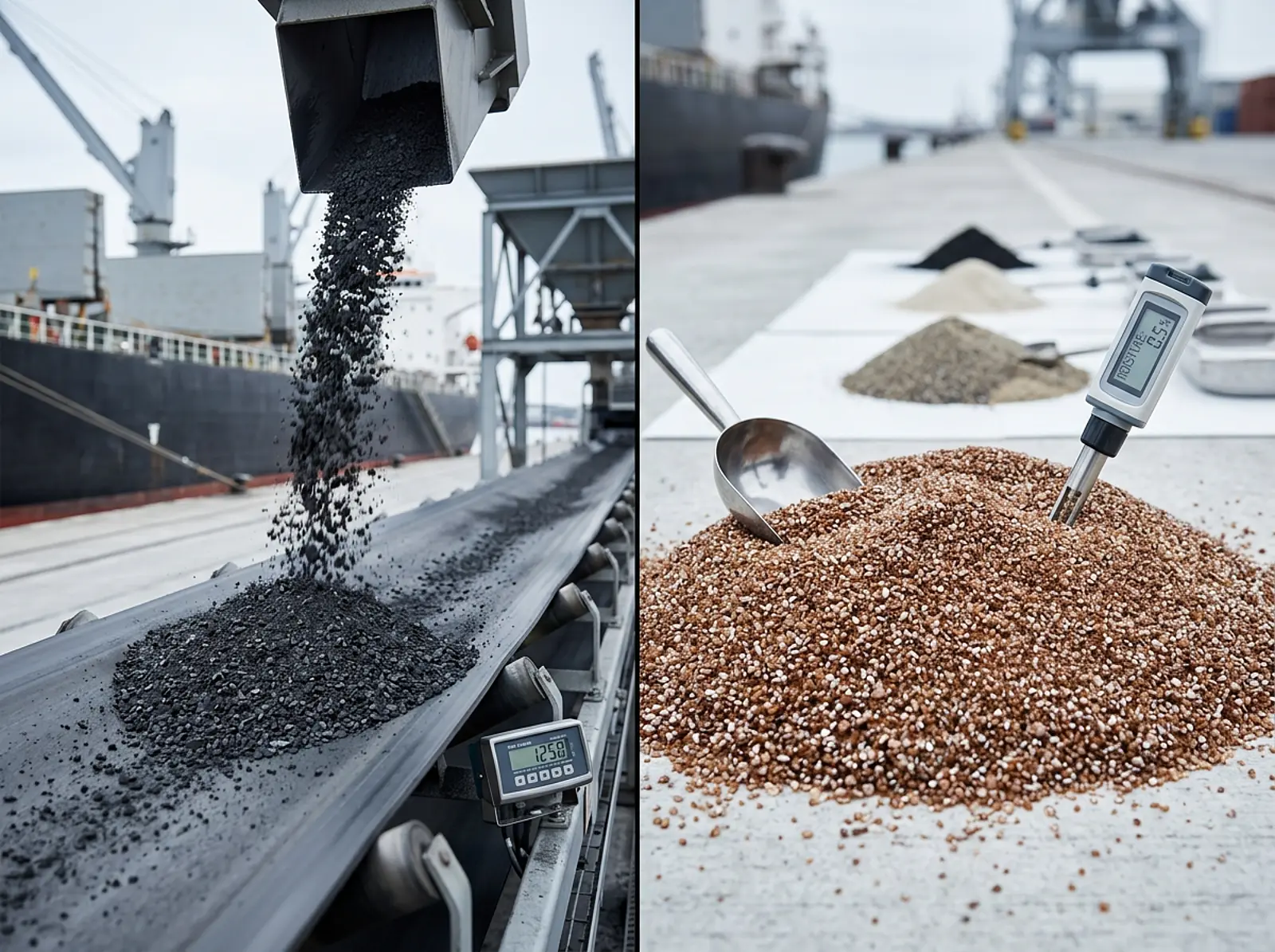 Split studio-style photo of ship unloading ilmenite ore and rutile sand at a port dock, cool tones