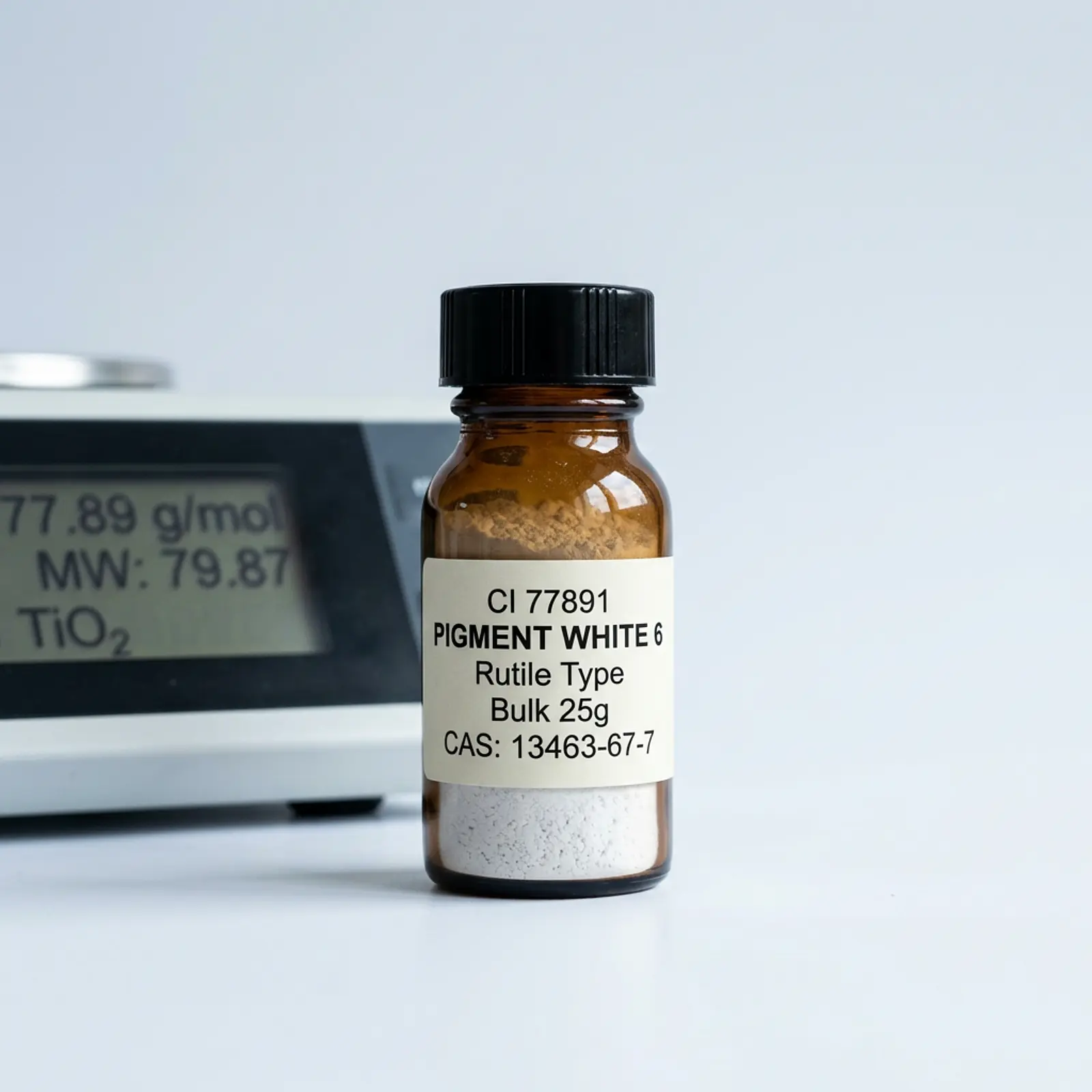 Close-up of white pigment powder CI 77891 with small bottle on white background.