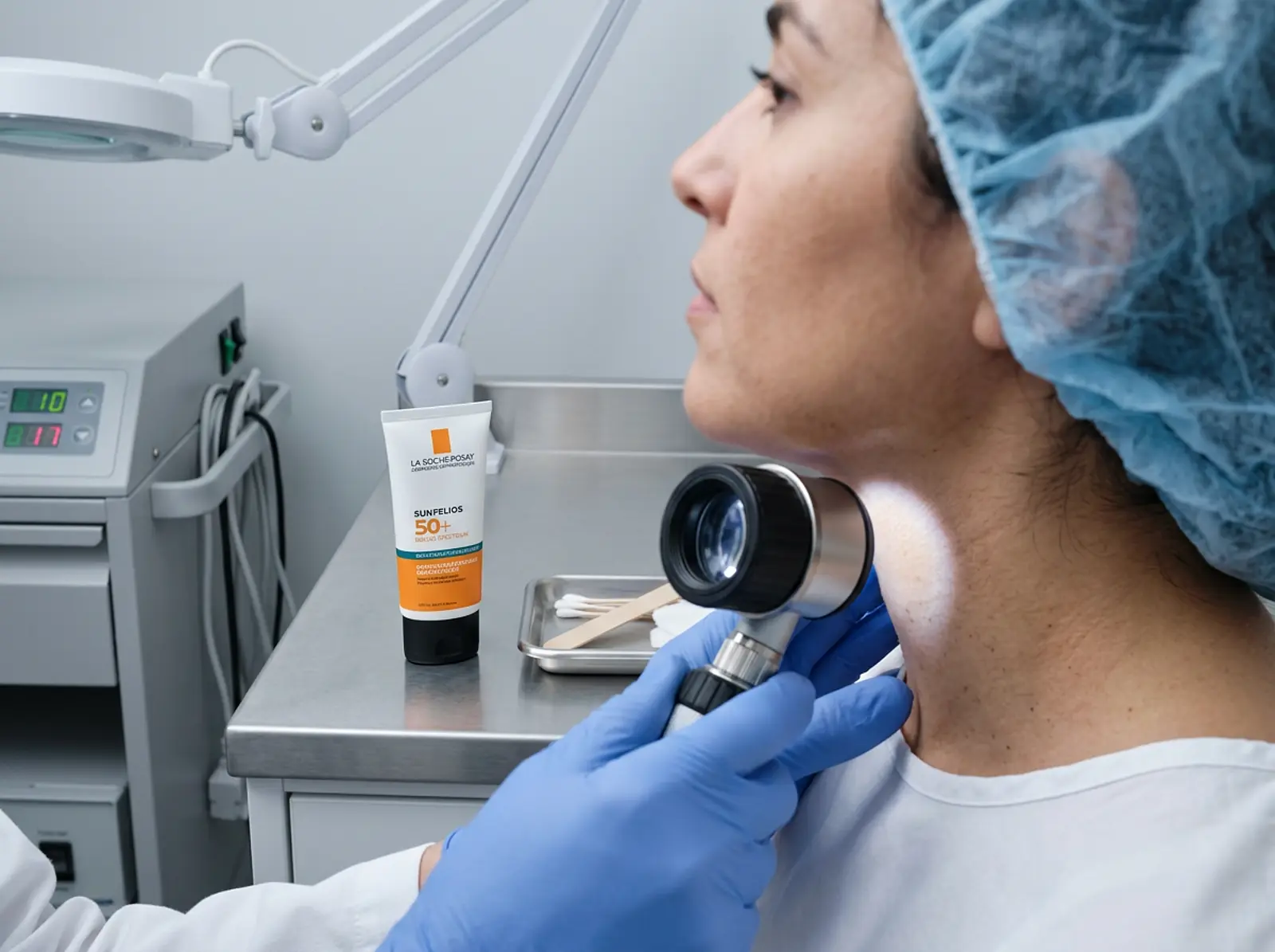 Dermatologist examining a patient's skin; sunscreen on the counter.