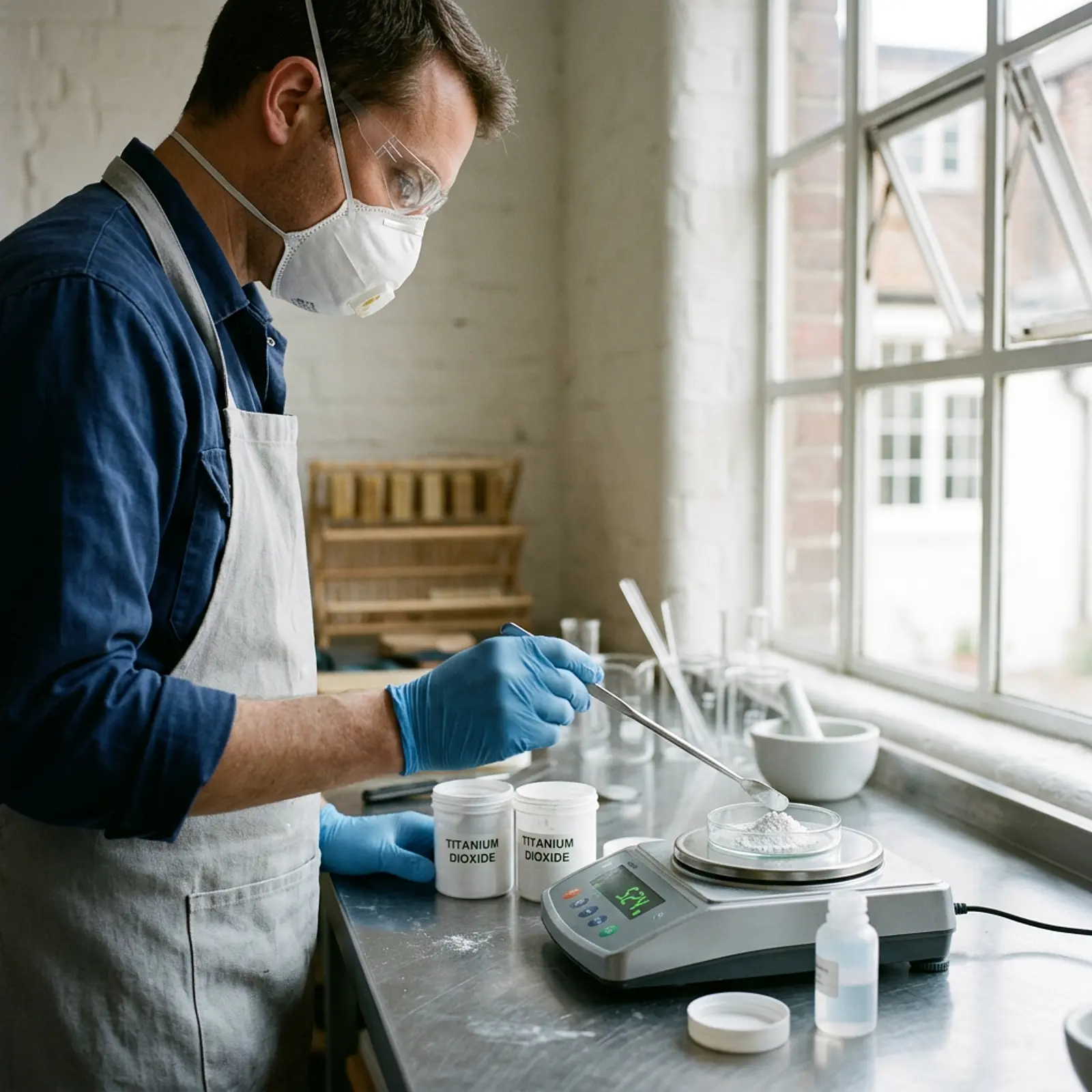 Soap maker measuring titanium dioxide at a table, dust mask, cool light, open window.