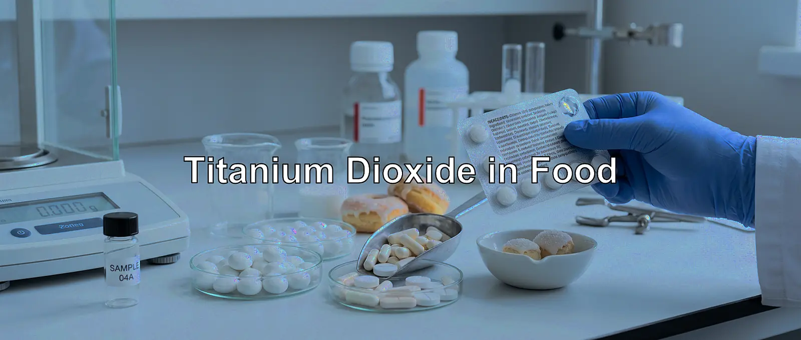 Macro shot of white candies, frosted pastries, vitamin tablets and capsules; hand turns package.
