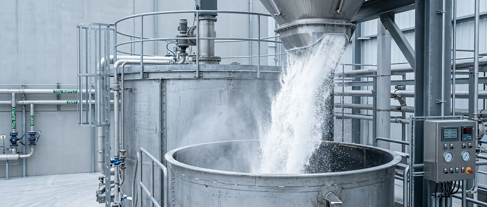 Industrial silo filling with bright titanium dioxide powder in a clean studio-lit facility setting