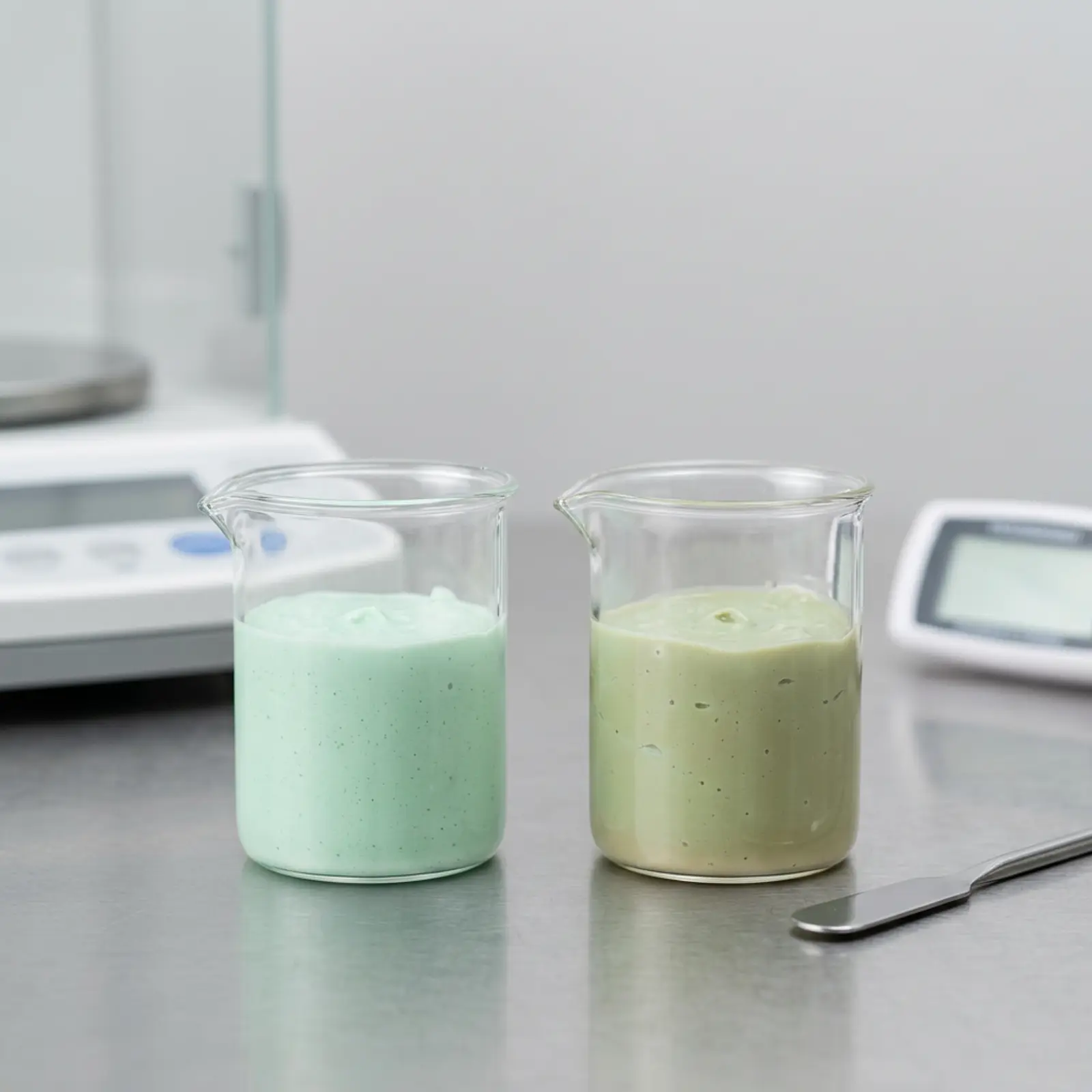 Macro shot: two beakers of pastel soap on a white/beige background.
