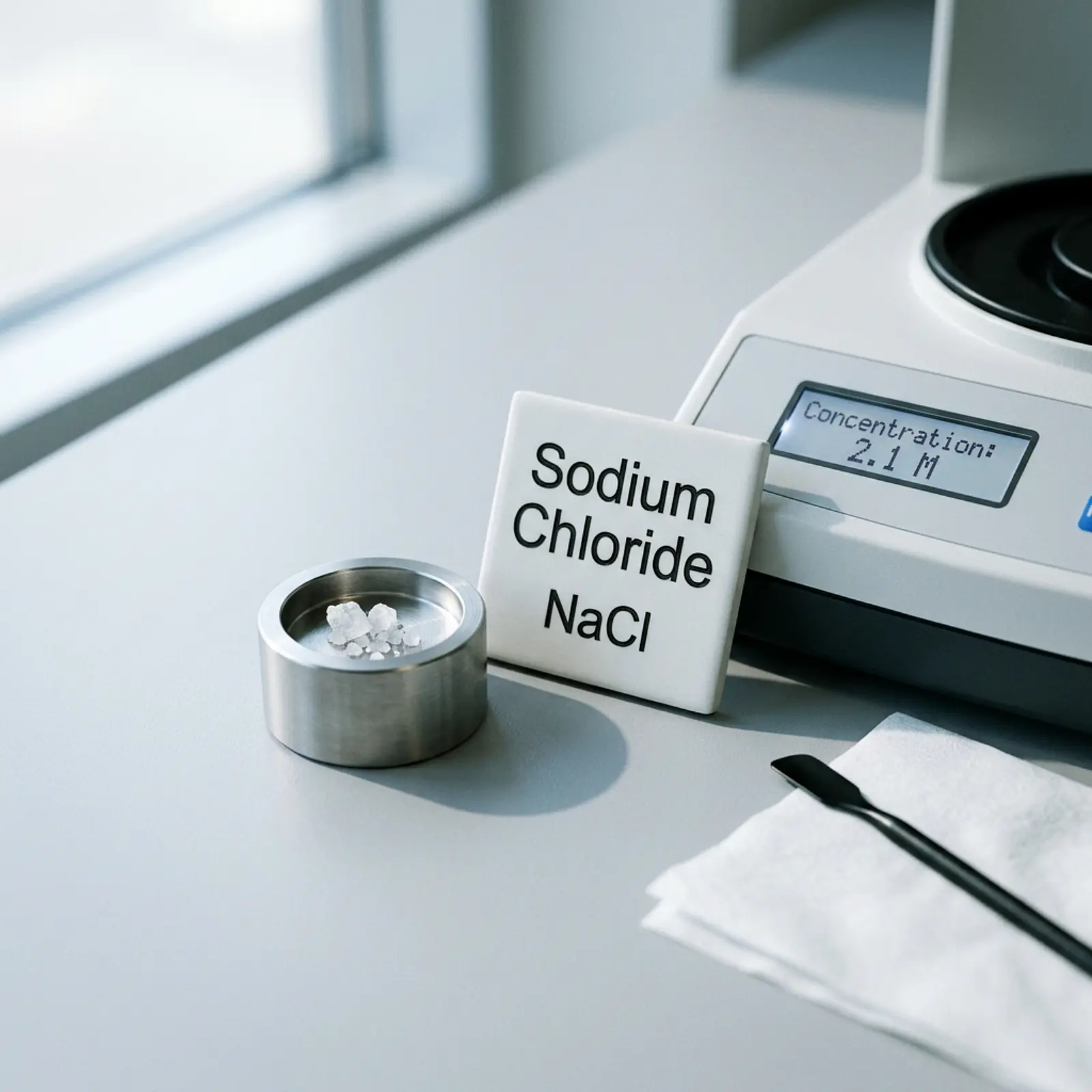 Macro shot: chemical formula beside its common name on a clean white-grey background, cool daylight.