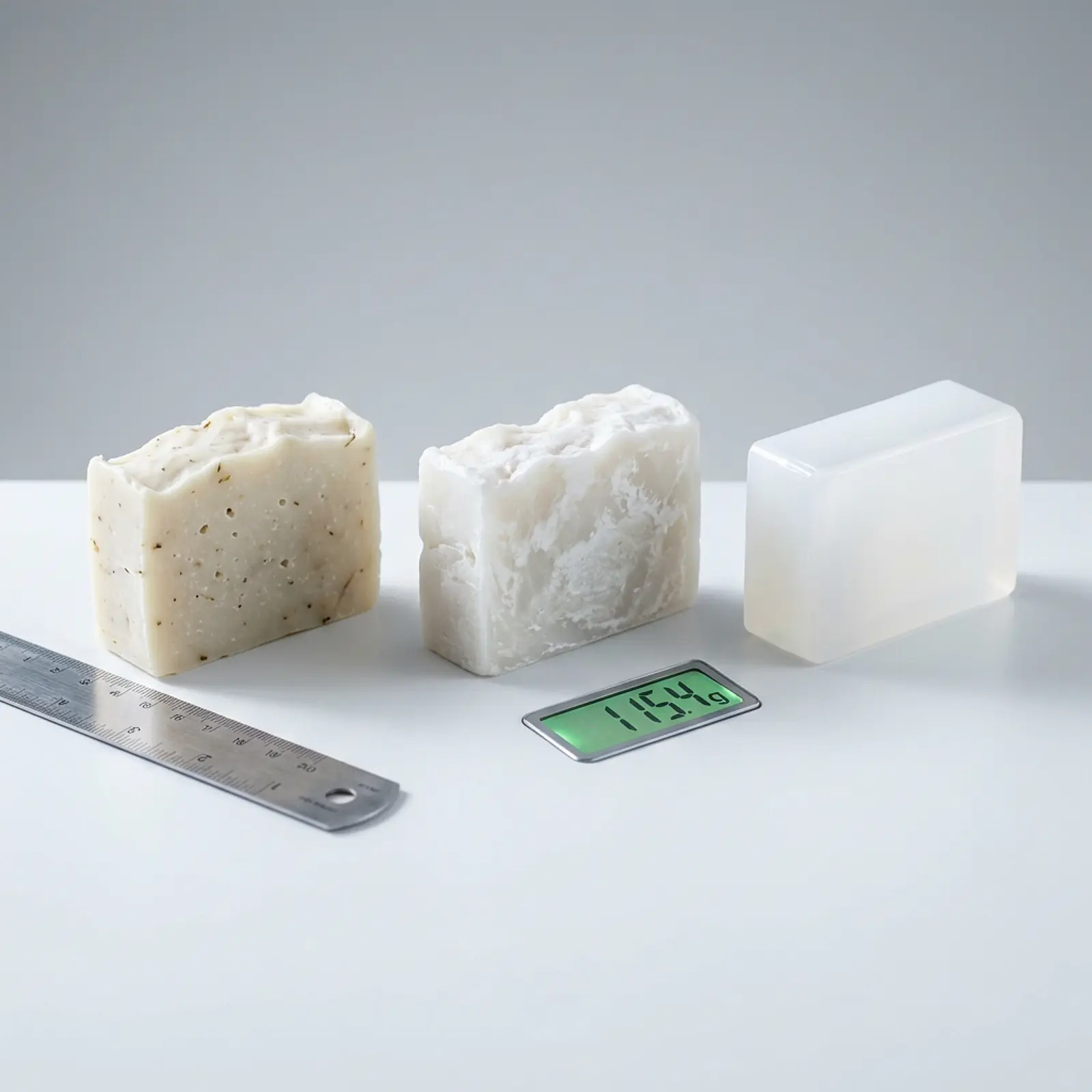 Macro shot of three soap samples (cold process, hot process, melt-and-pour) in a neutral studio.