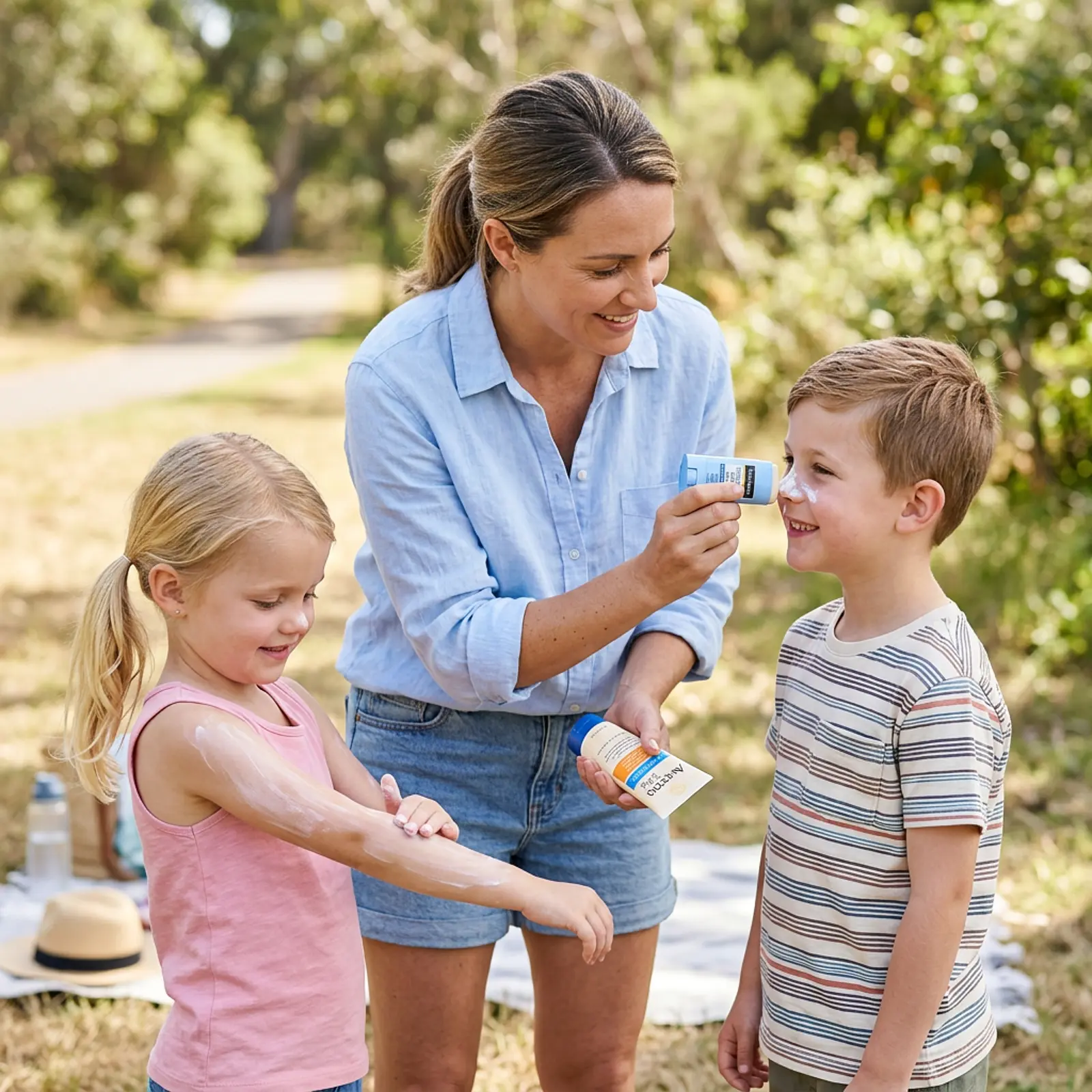 Family outdoors: an adult applies sunscreen to a child's nose while lotion is applied to another's arm