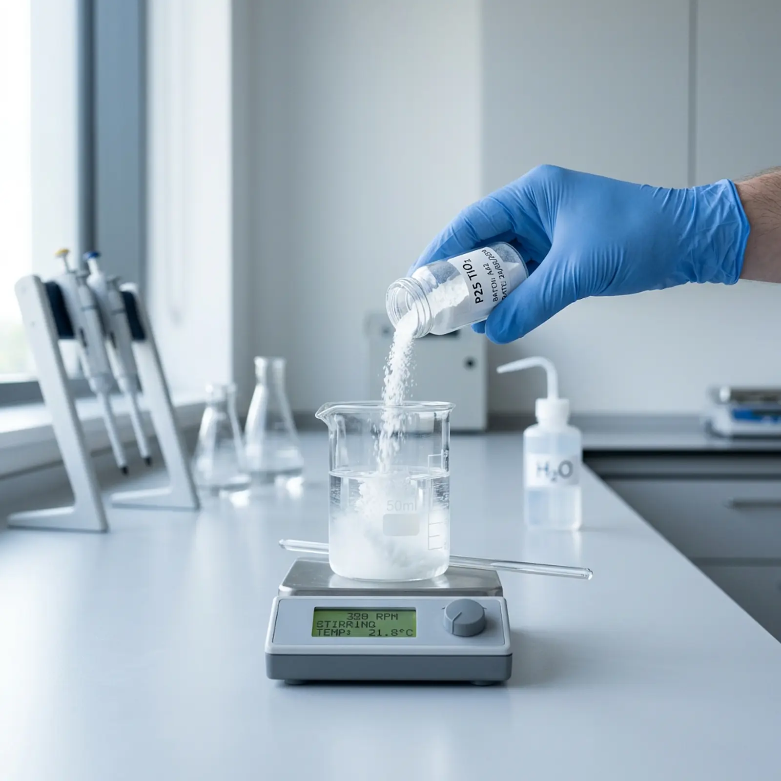 Researcher pouring white titanium dioxide powder into water in a lab beaker