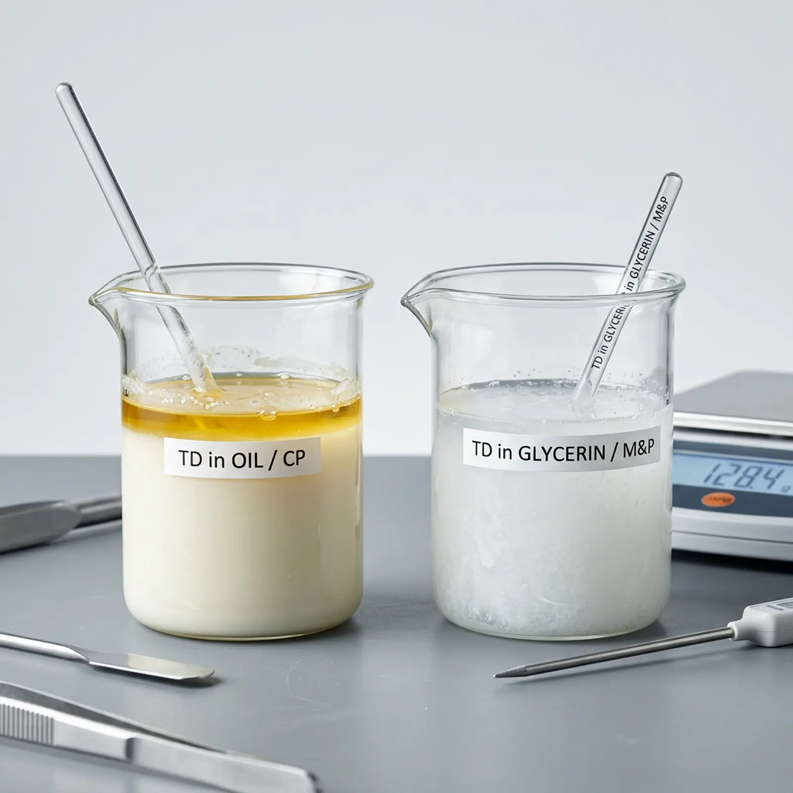 Two beakers on a soap-making workbench: TiO2 in oil (cold-process saponification) and TiO2 in glycerin.