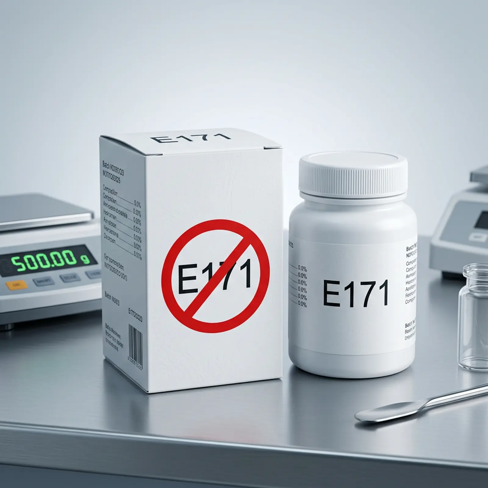 Macro studio shot of E171 package with a red prohibition sign.