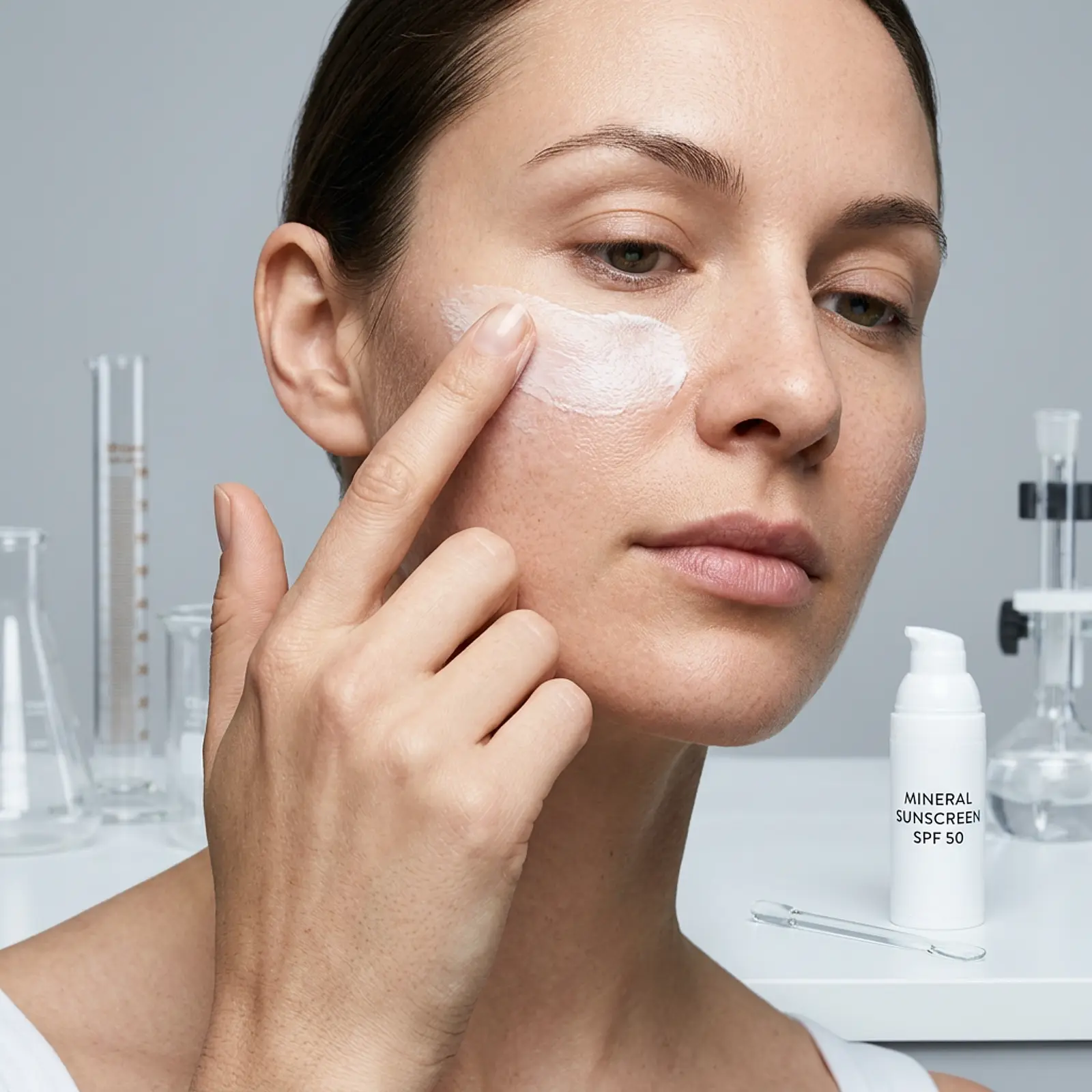 Macro shot: skincare with mineral sunscreen under the eyes and on the cheeks before makeup
